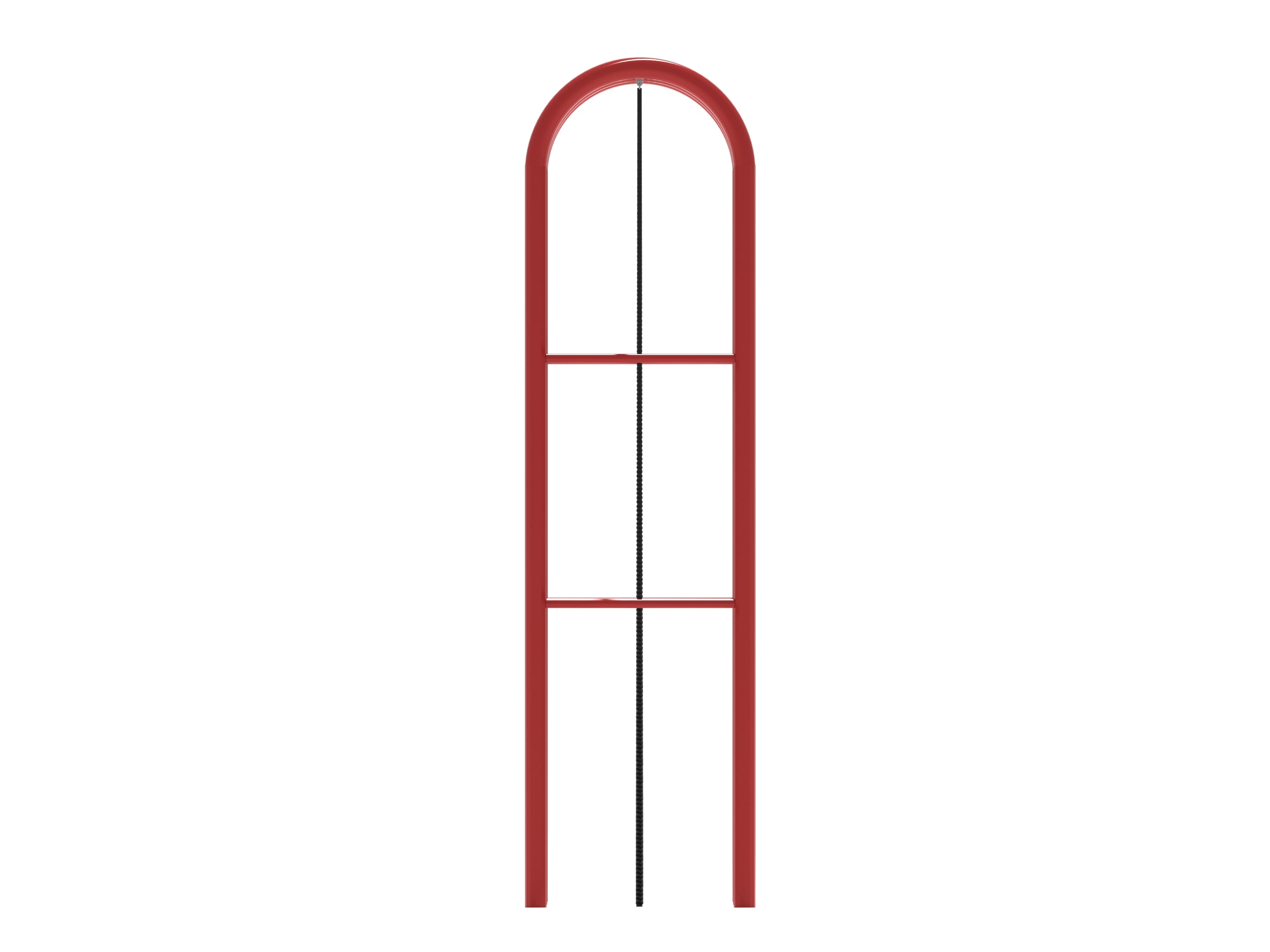 Red metal arch frame with a single black climbing rope centered vertically, outdoor fitness climbing equipment