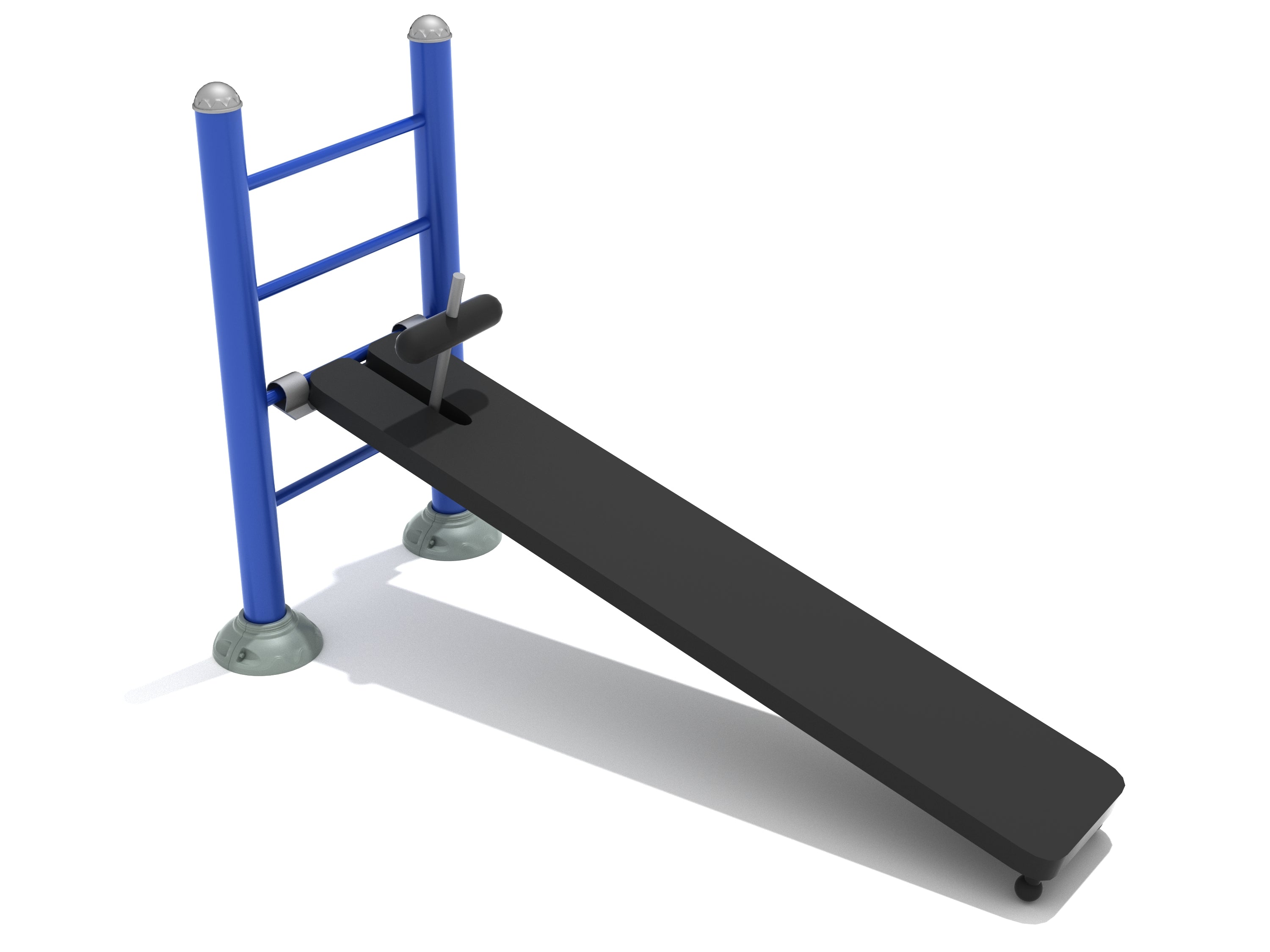 Adjustable Sit Up Bench with black inclined padded surface, blue metal frame, and secure foot bar for outdoor workouts