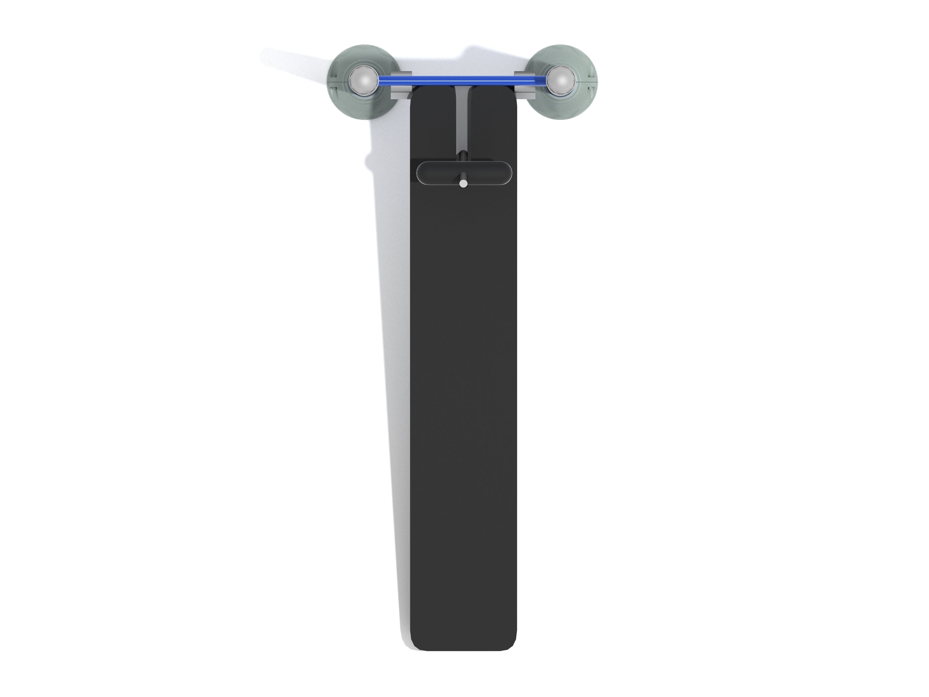 Overhead view of adjustable outdoor sit-up bench with black padded surface and blue foot bar supports