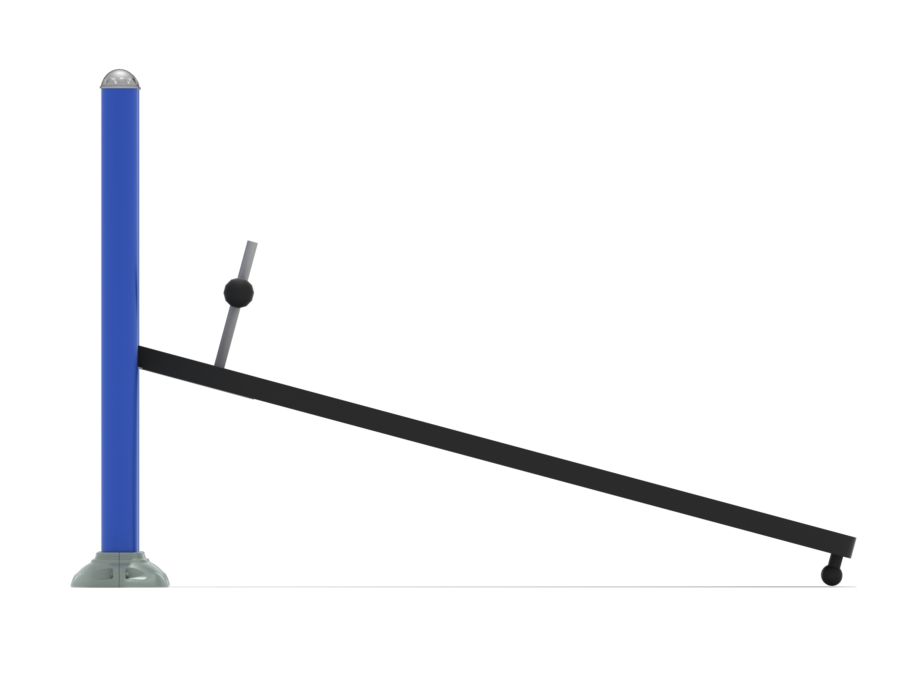 Adjustable outdoor sit-up bench with black incline board, blue support post, and foot bar for core workouts