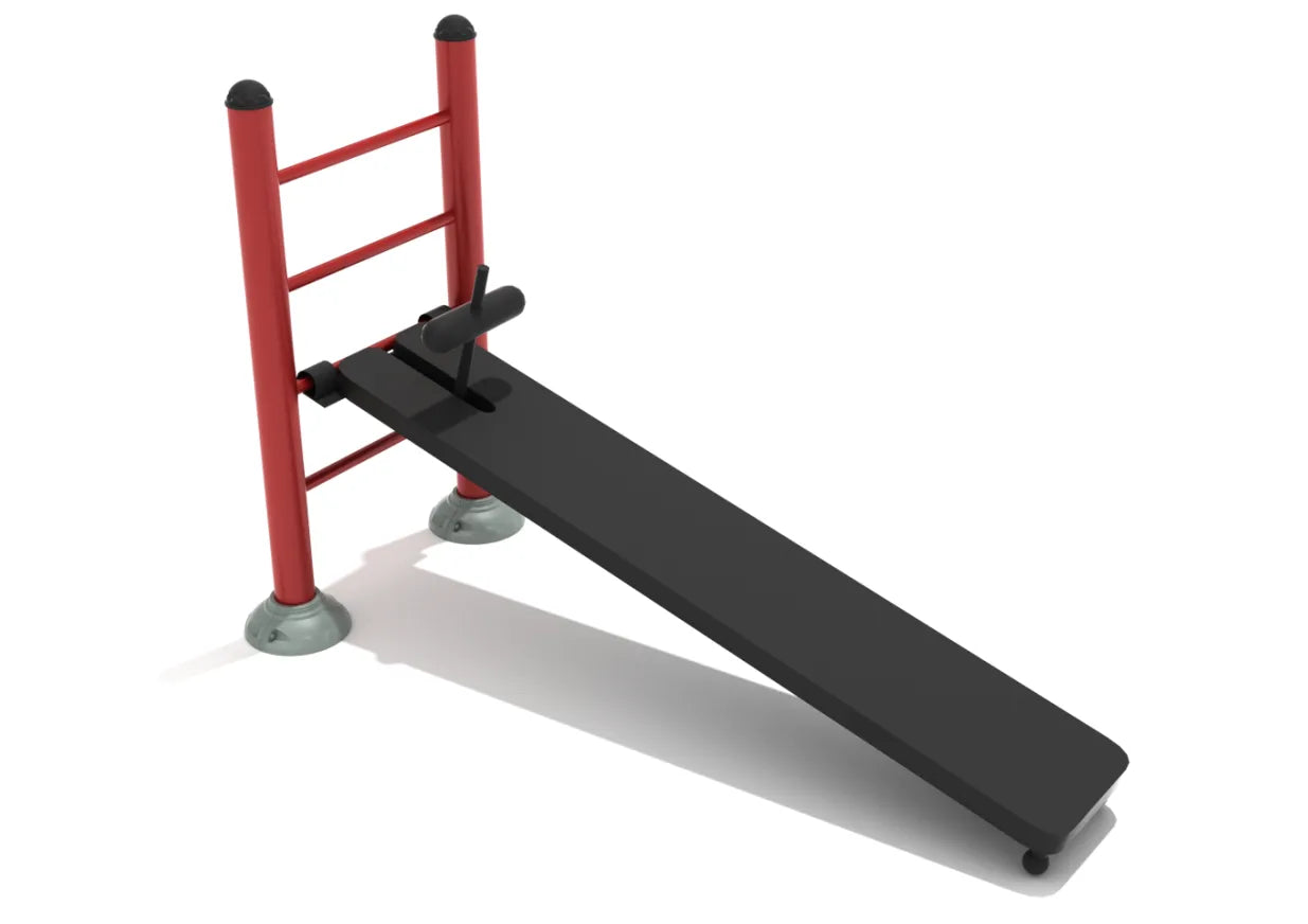 Adjustable outdoor sit-up bench with red frame, black padded incline surface, and secure foot bar for core workouts.