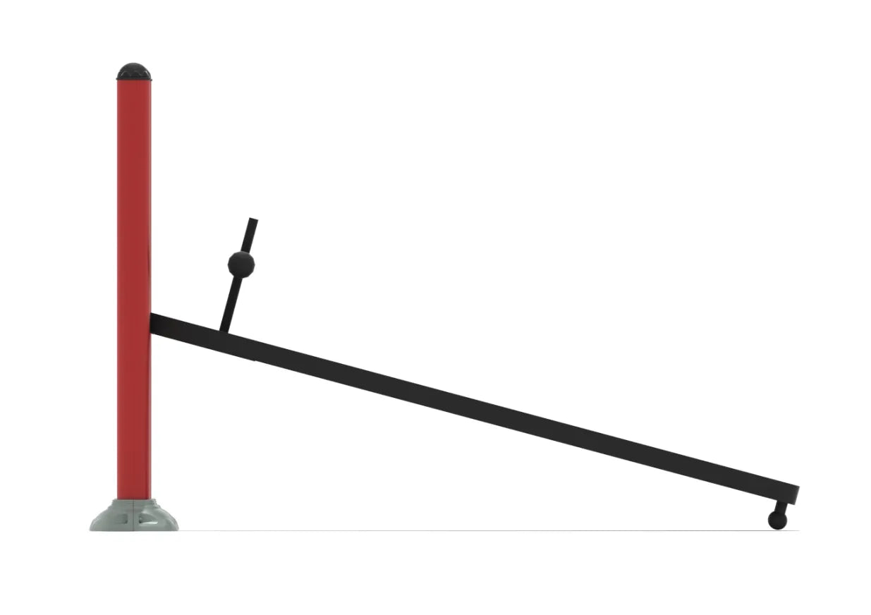 Adjustable outdoor sit-up bench with black incline board, red support post, and foot bar for core workouts
