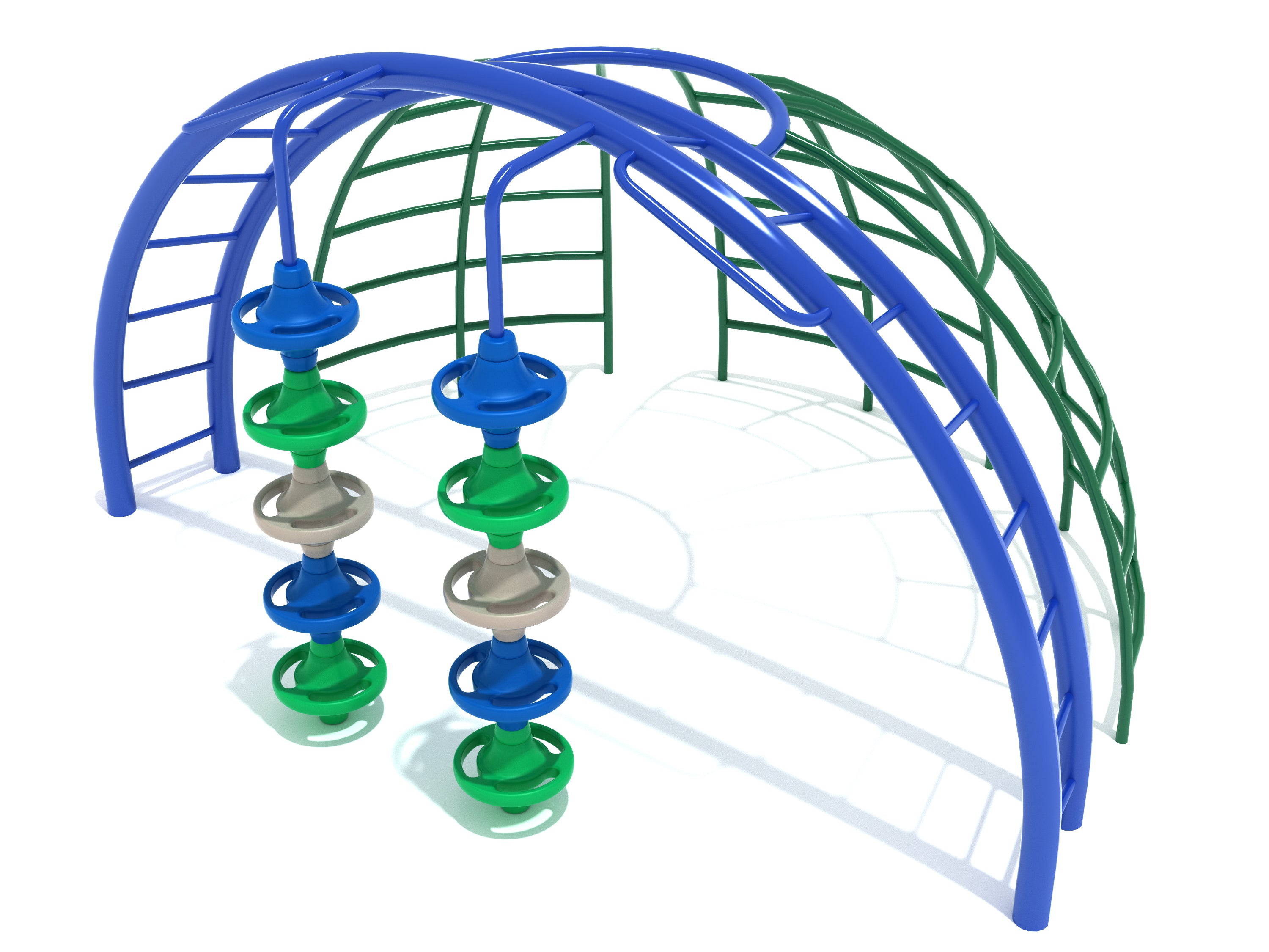 Delta Pod Climber Dome Station with blue arched ladders, green dome grids, twisting pod steps, and vertical serpent climbers for active play