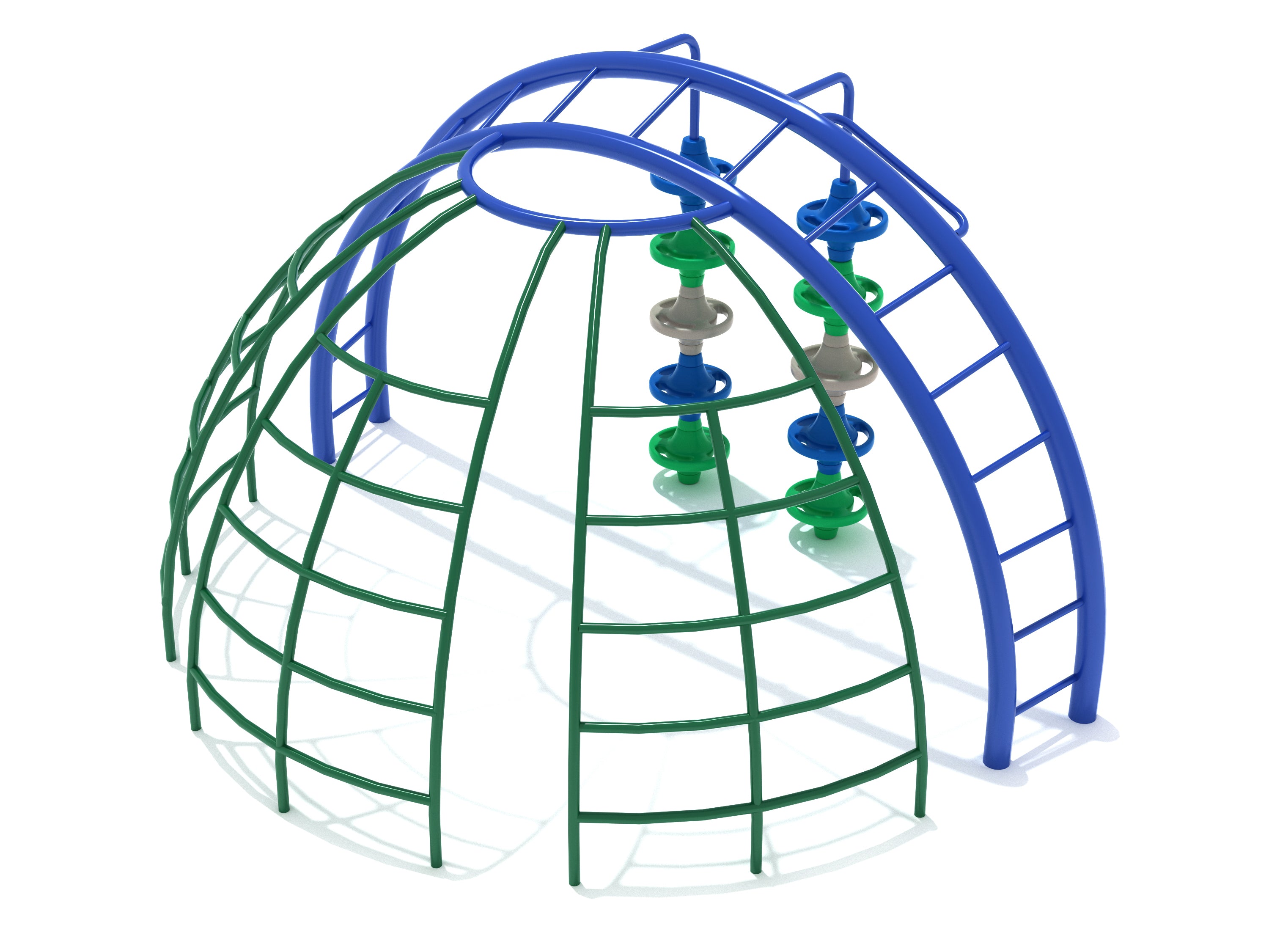 Playground climbing dome with green grid, blue arched ladders, and vertical green and gray pod climbers.