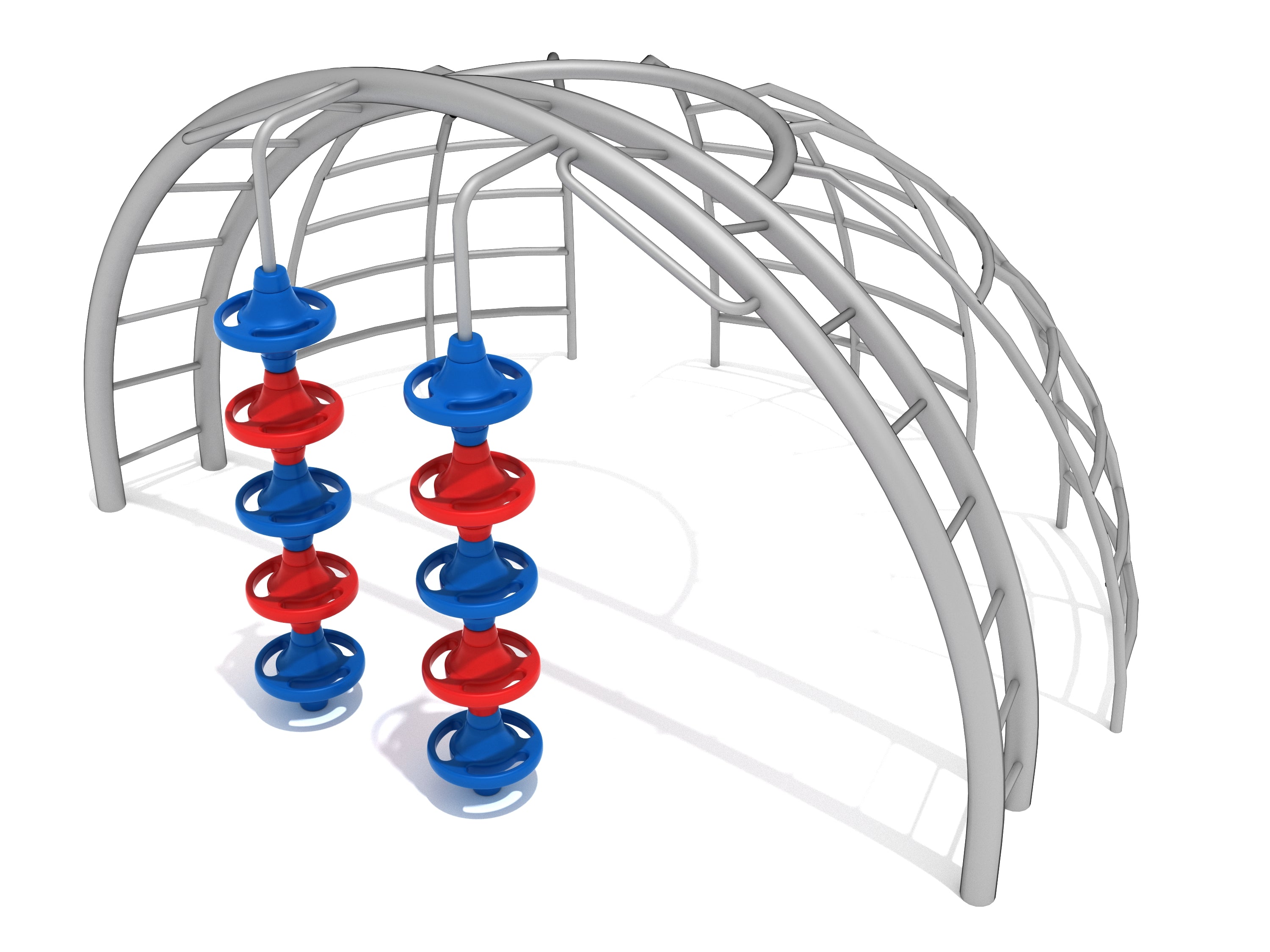 Playground climbing dome with gray arched ladders, red and blue vertical pod steps, and a half-moon upper ring for active play