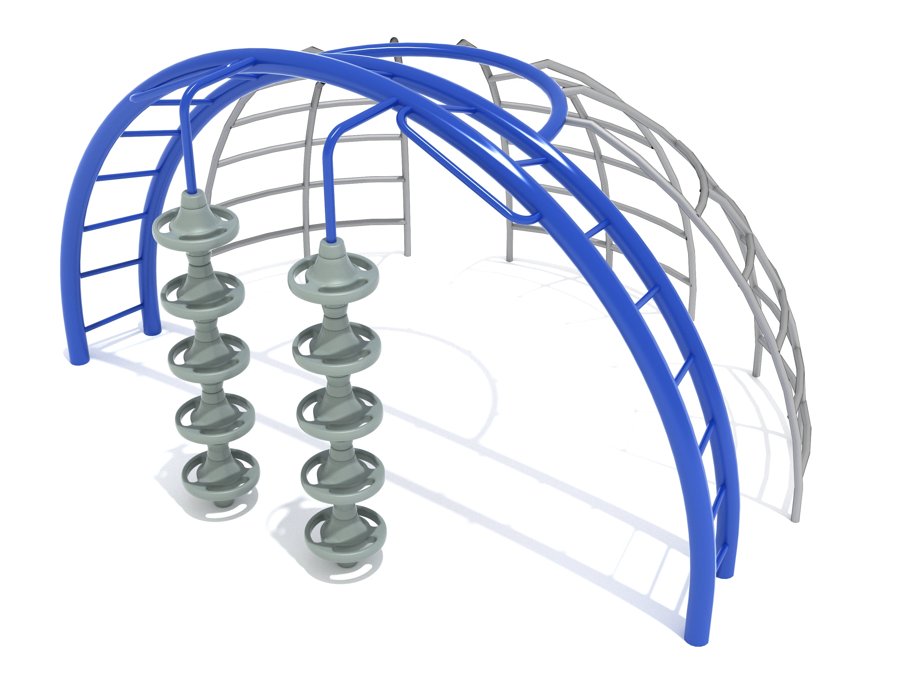Playground climber with blue arched ladders, gray dome grid, and two vertical pod steps for active climbing and coordination.