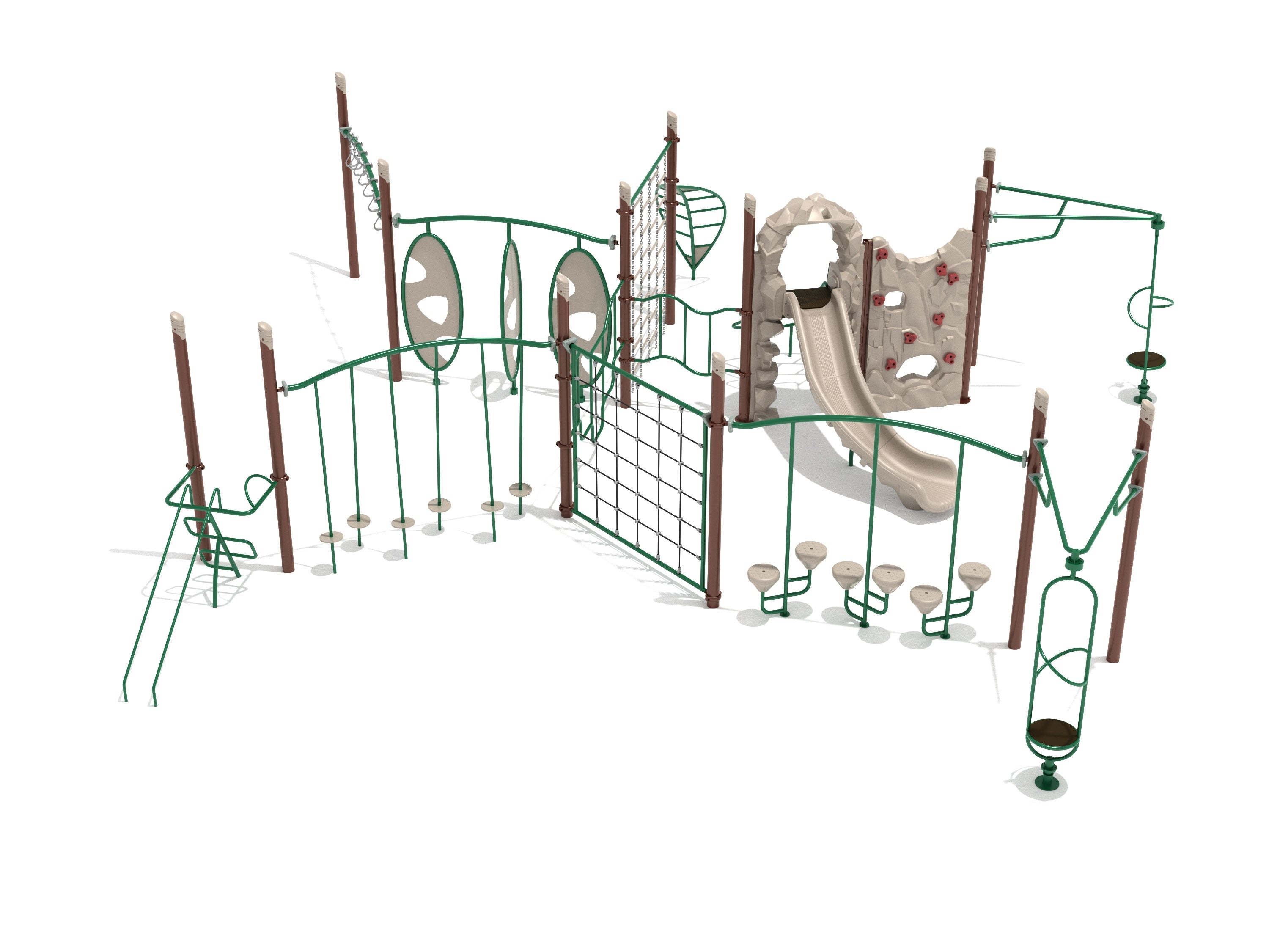 Overhead view of a large playground fitness course with climbing nets, rock wall, slide, and green and beige obstacle elements