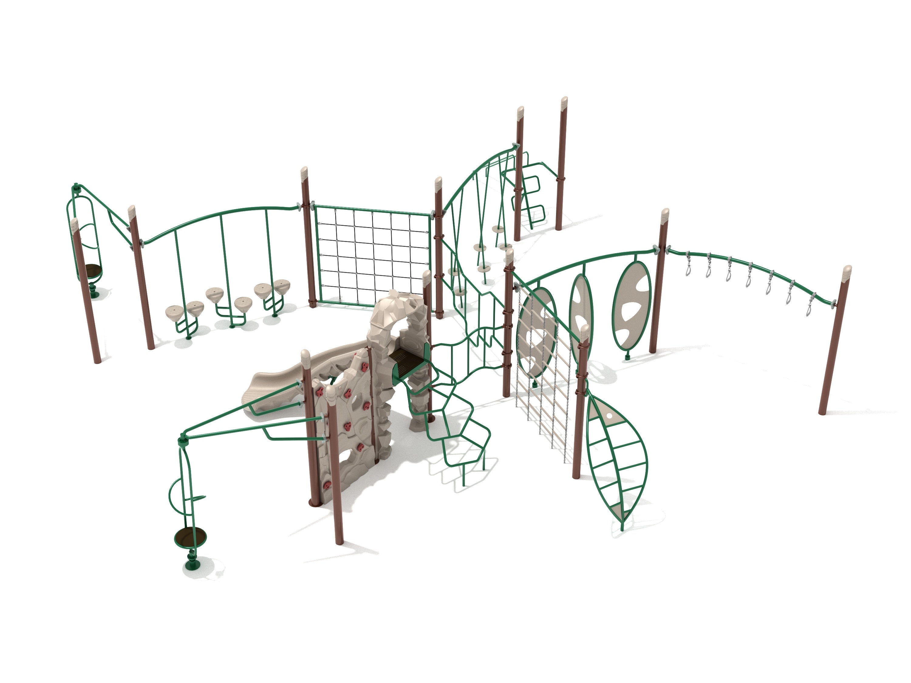 Overhead view of a large playground fitness course with climbing nets, rock wall, pebble bridge, slide, and obstacle elements in green and brown.
