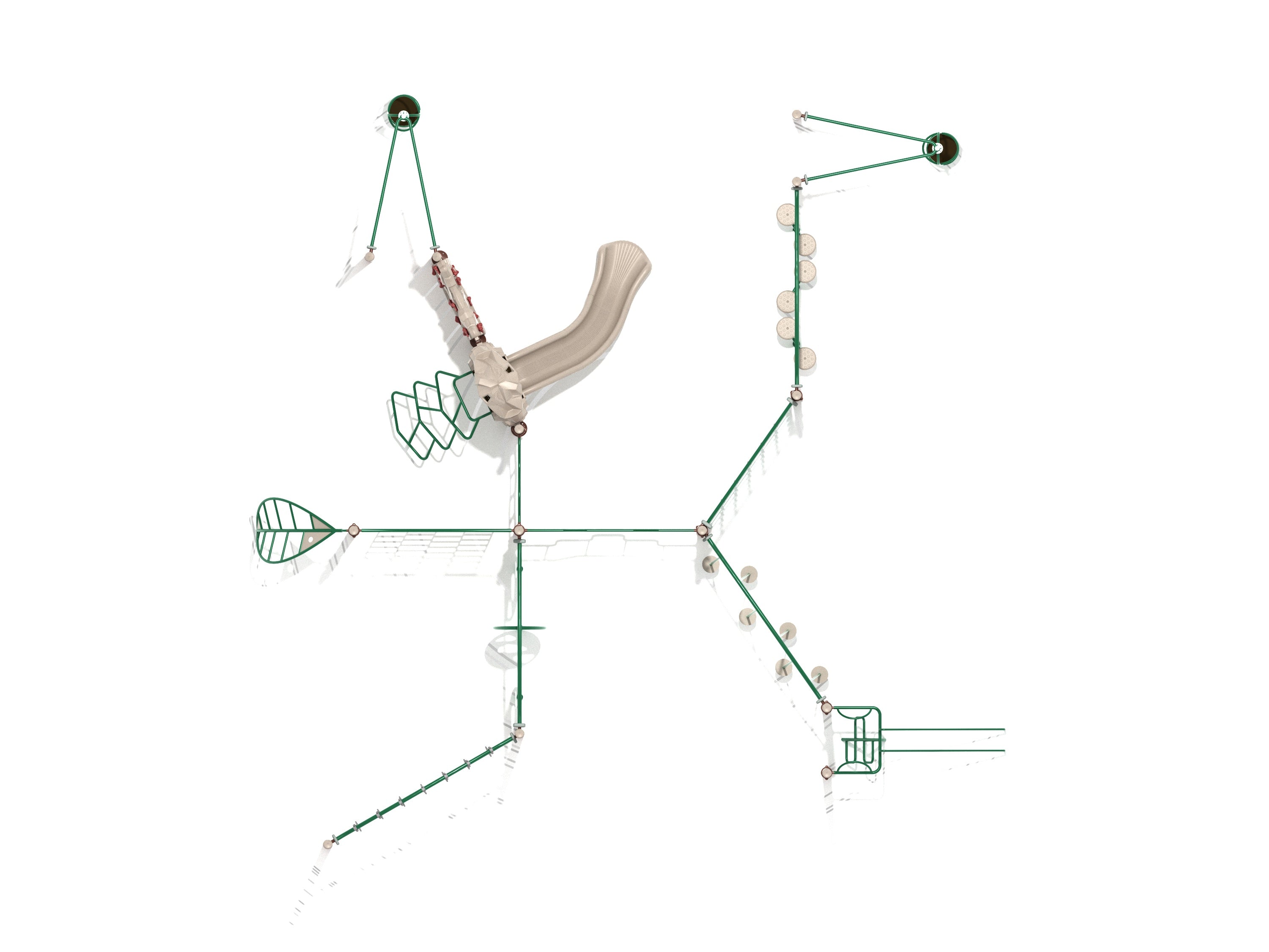 Overhead view of a large playground fitness course with climbing nets, rock wall, pebble bridge, and slide in green and beige colors