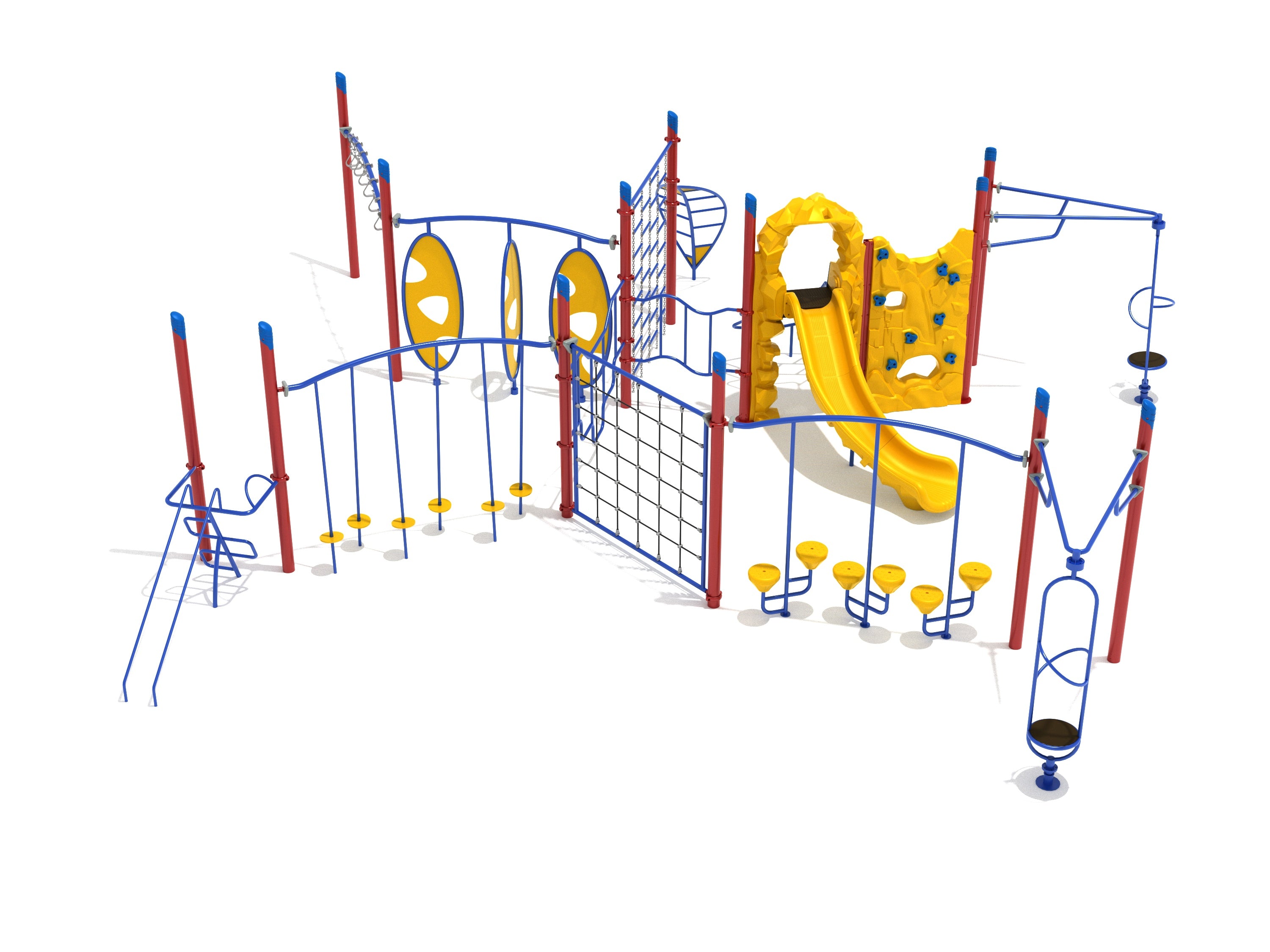 Minnetonka Fitness Course Playground with red and blue climbing frames, yellow slide, rock wall, and obstacle elements for active kids' play