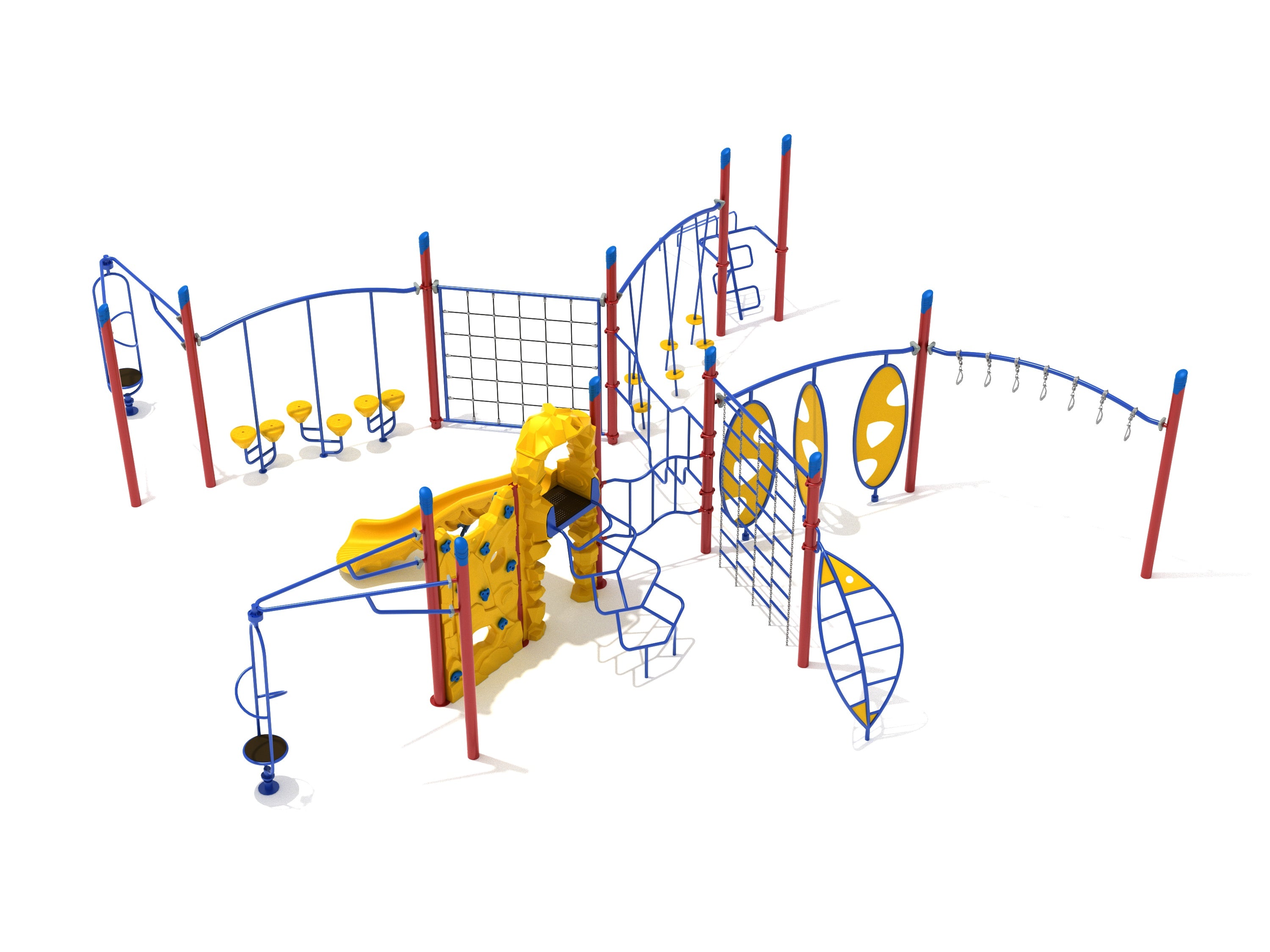 Colorful playground structure with climbing walls, rope nets, slides, swings, and various obstacle elements for active play and social connection.
