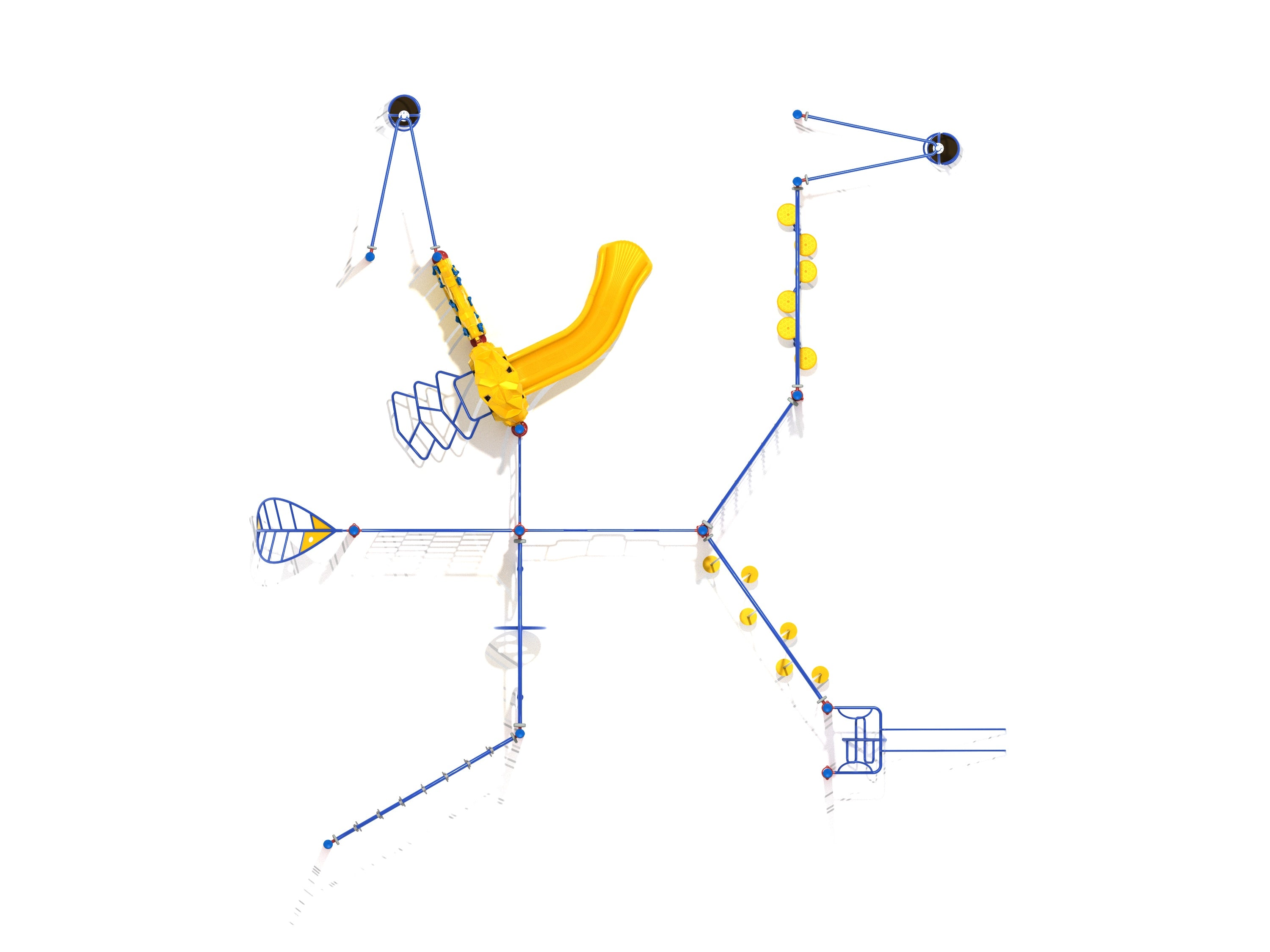 Overhead view of a large playground structure with blue frames, yellow climbing elements, a net climber, rock wall, pebble bridge, and yellow slide