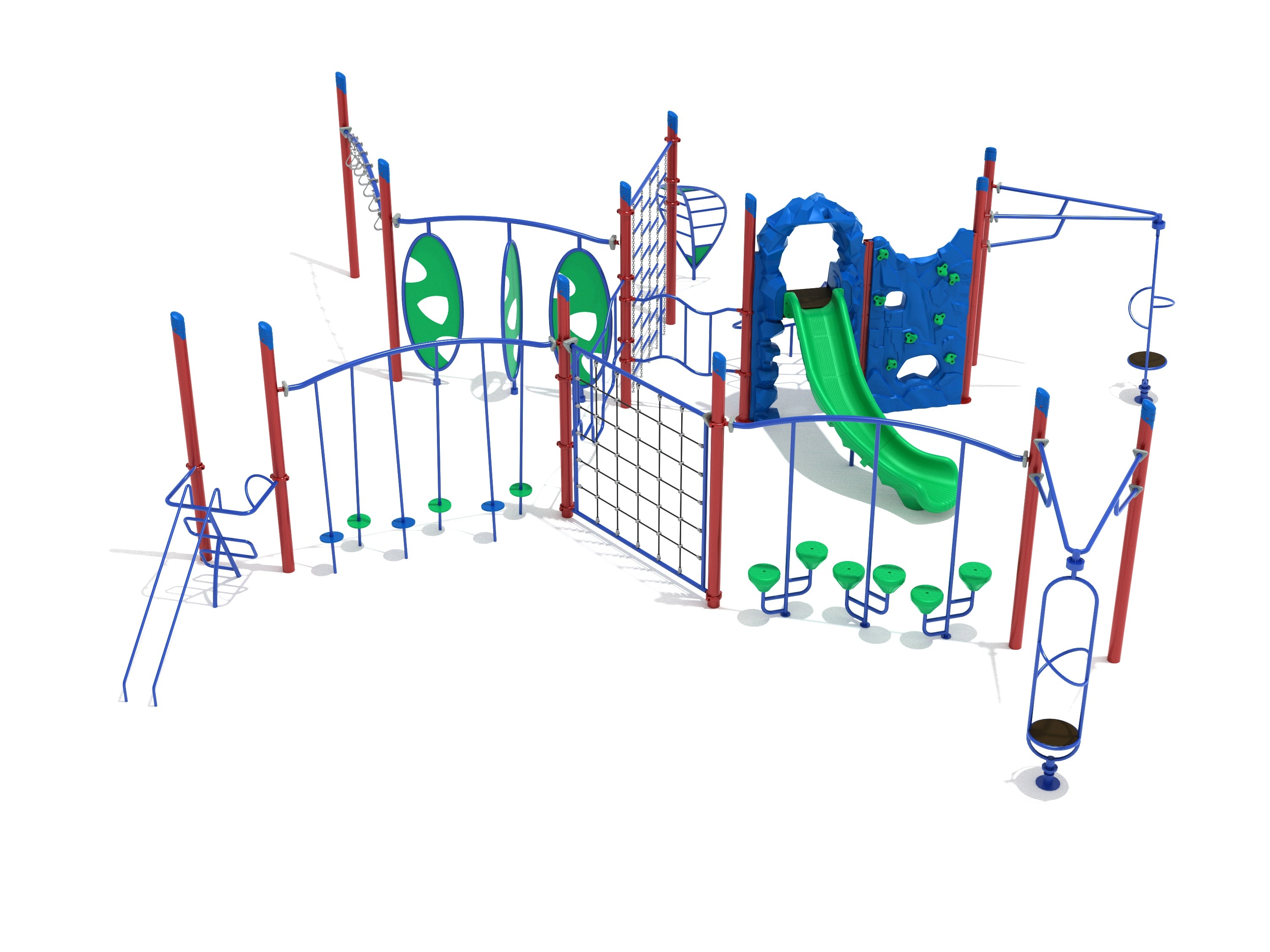 Colorful playground structure with climbing nets, rock wall, pebble bridge, green slide, and fitness challenge elements