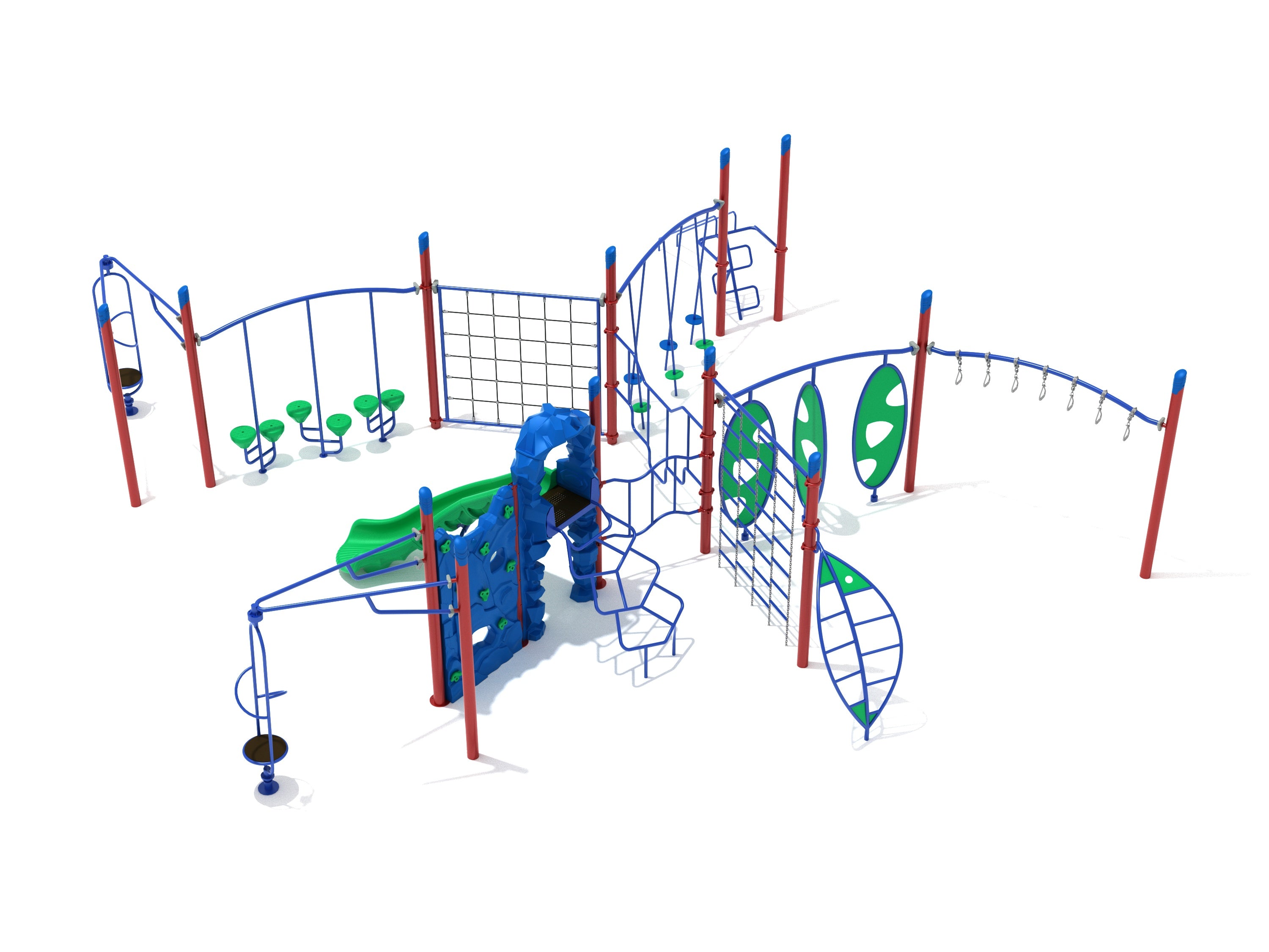 Colorful playground structure with climbing walls, rope nets, slides, swings, and various obstacle elements for active play and social connection.