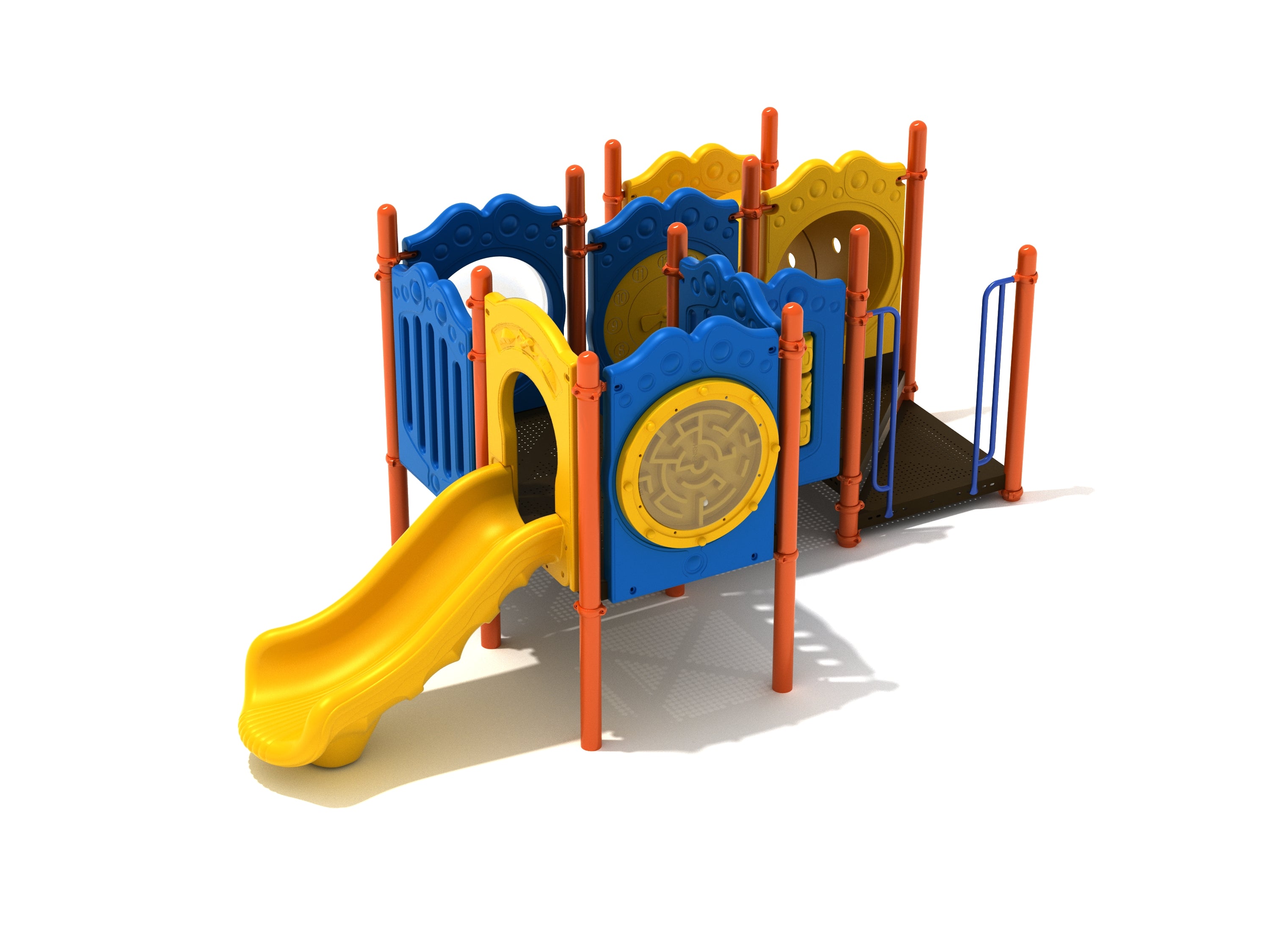 Naples Playground with yellow slide, blue and yellow activity panels, orange support posts, and sensory play features