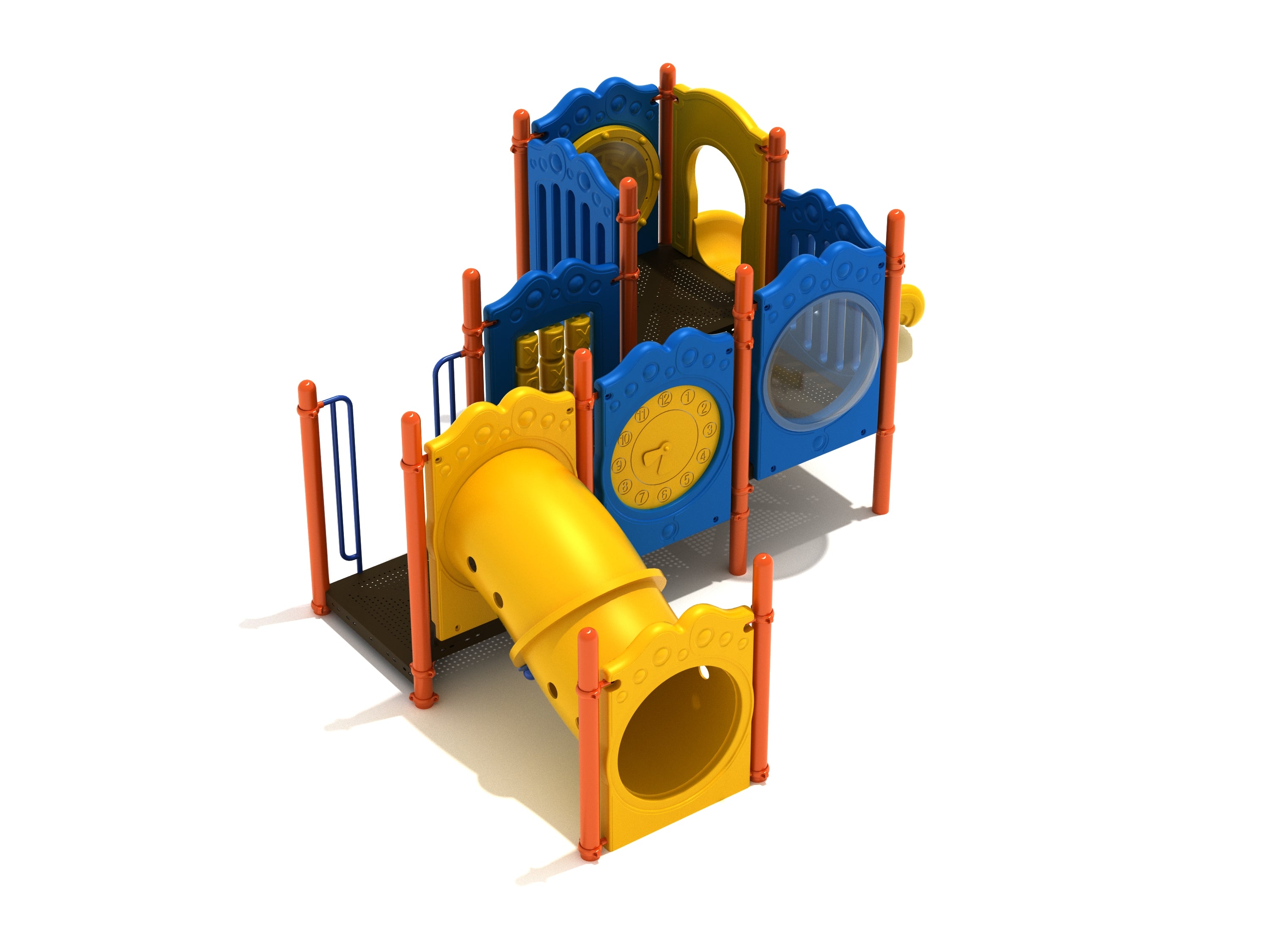 Colorful toddler playground with inclined crawl tube, interactive learning panels, and a straight slide in blue, yellow, and orange.