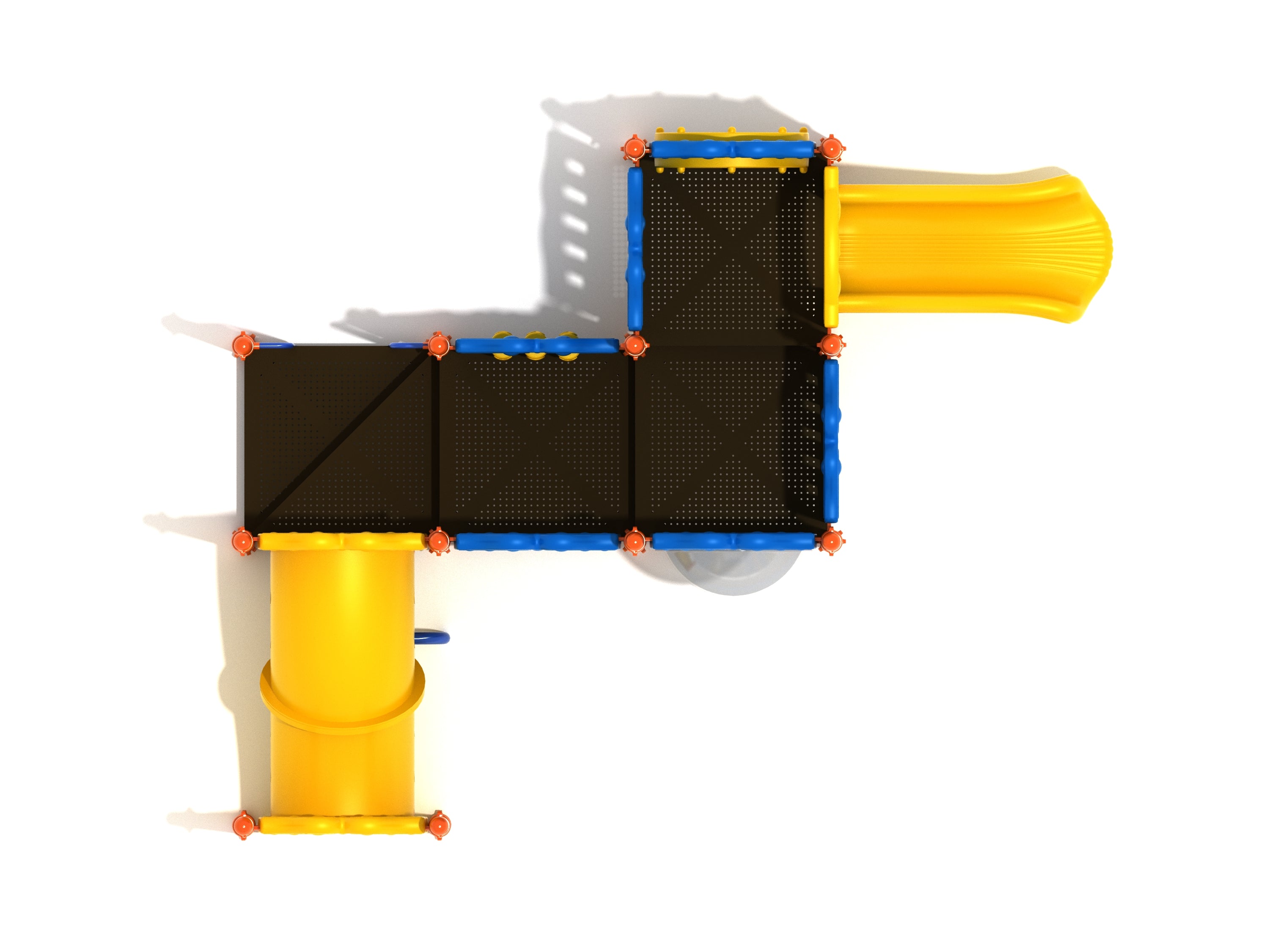 Overhead view of colorful playground with yellow slide, crawl tube, and interactive activity panels on black platforms