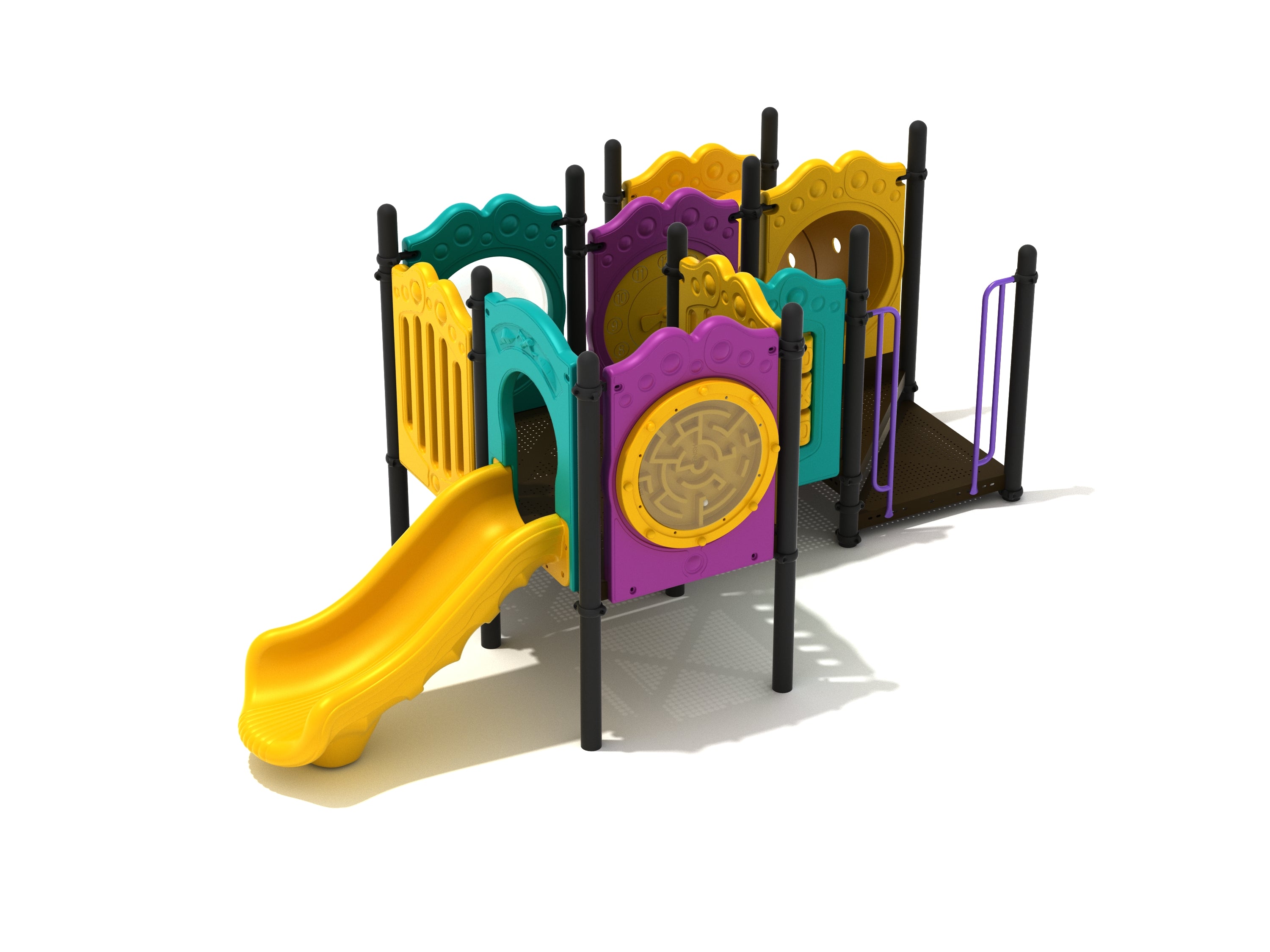 Colorful toddler playground with yellow slide, enclosed play areas, and interactive sensory and motor skill panels