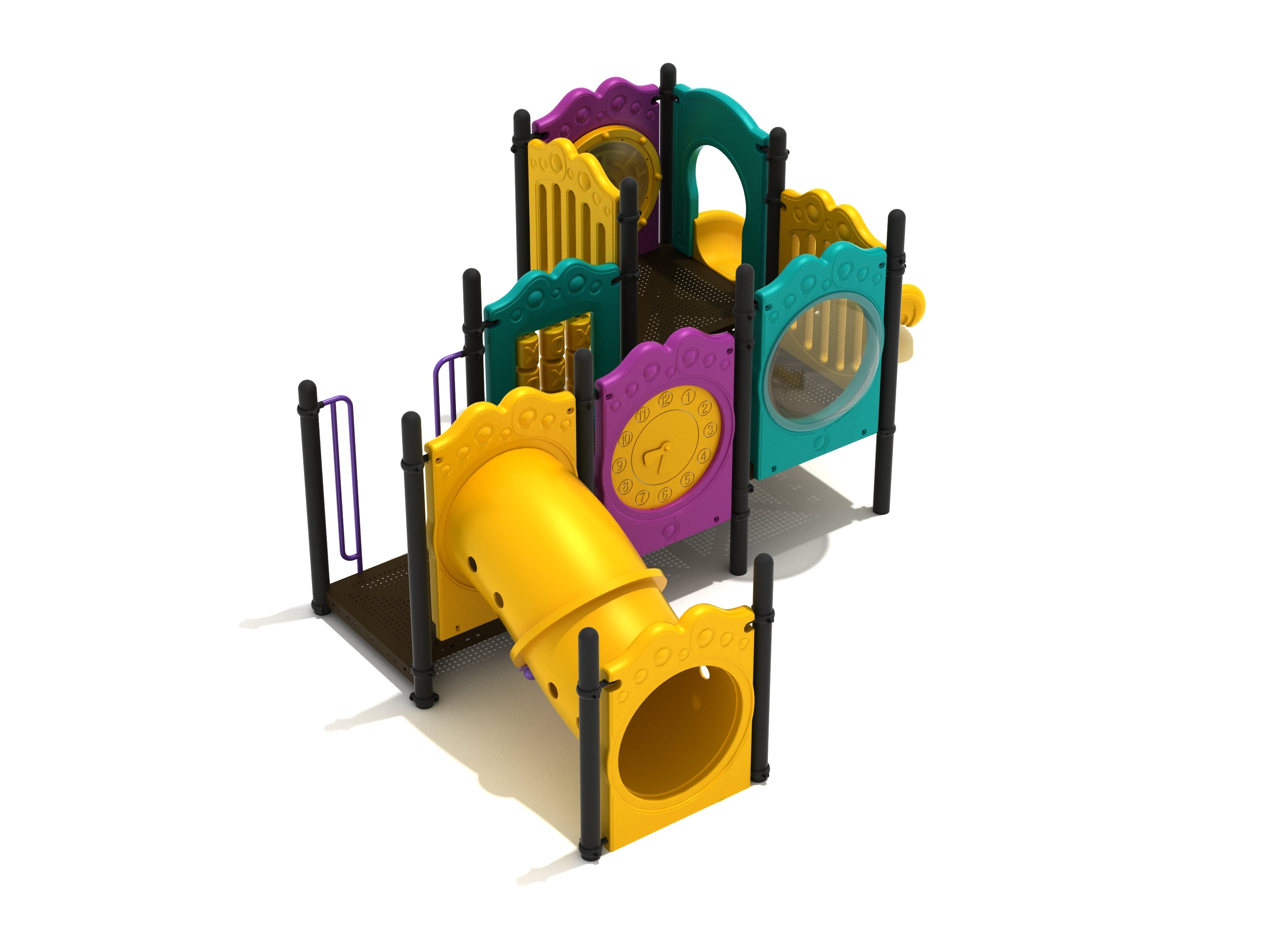 Colorful toddler playground with yellow inclined crawl tube, interactive sensory panels, and small straight slide for active play