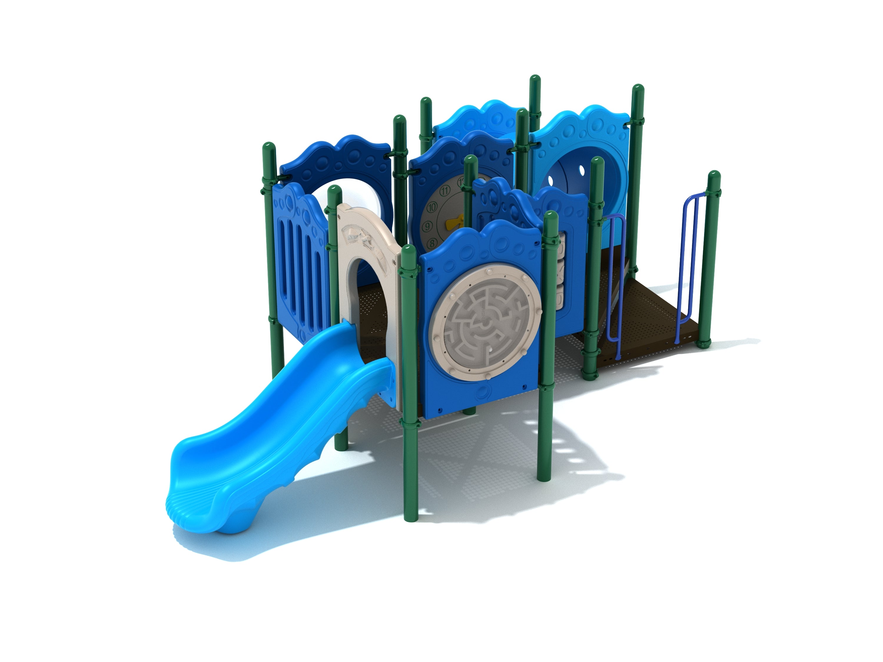 Compact blue and green playground with slide, crawl tube, maze, clock, and sensory panels for early childhood development