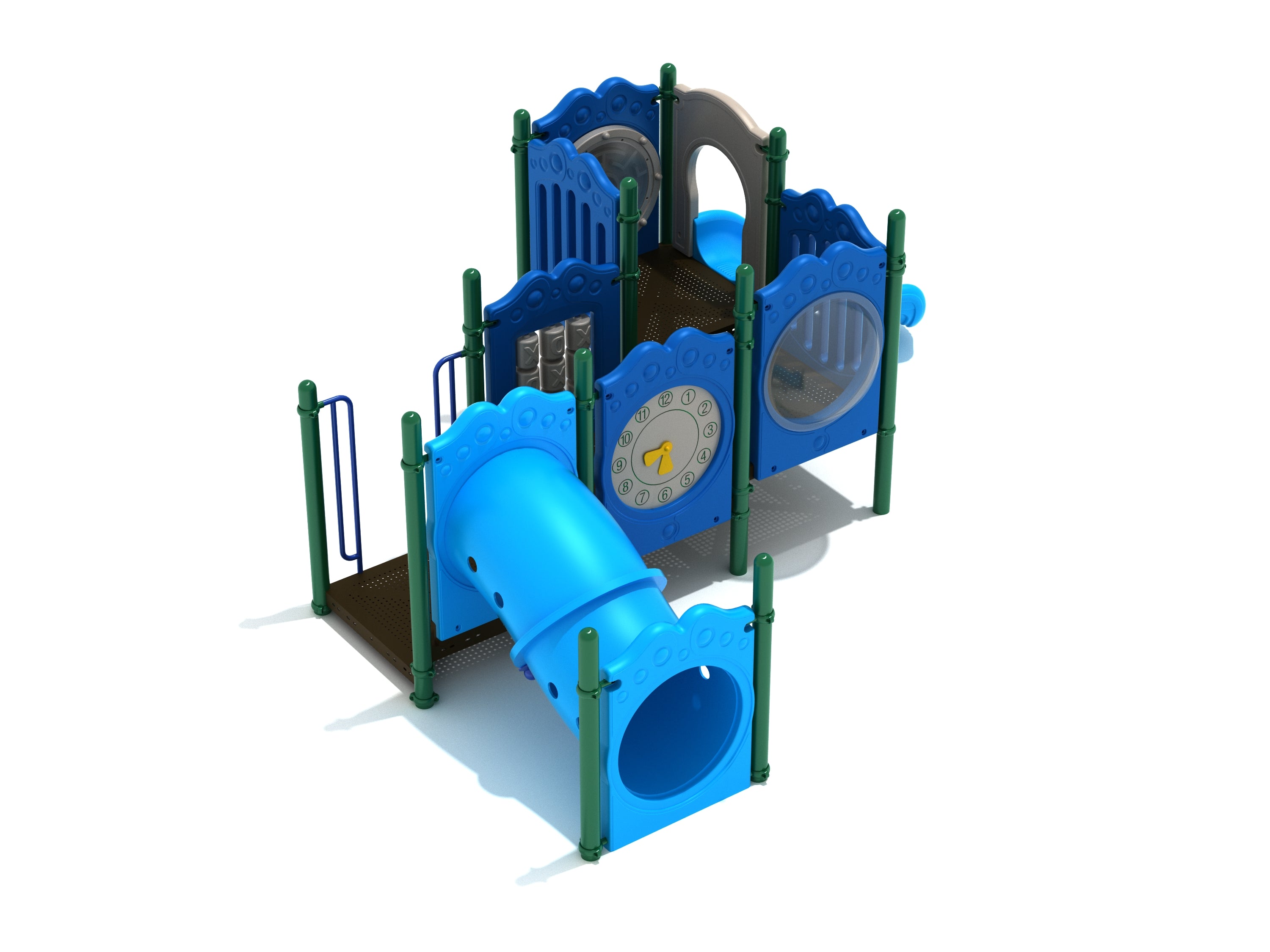 Compact blue and green playground with crawl tube, interactive tic tac toe and clock panels, and a straight slide