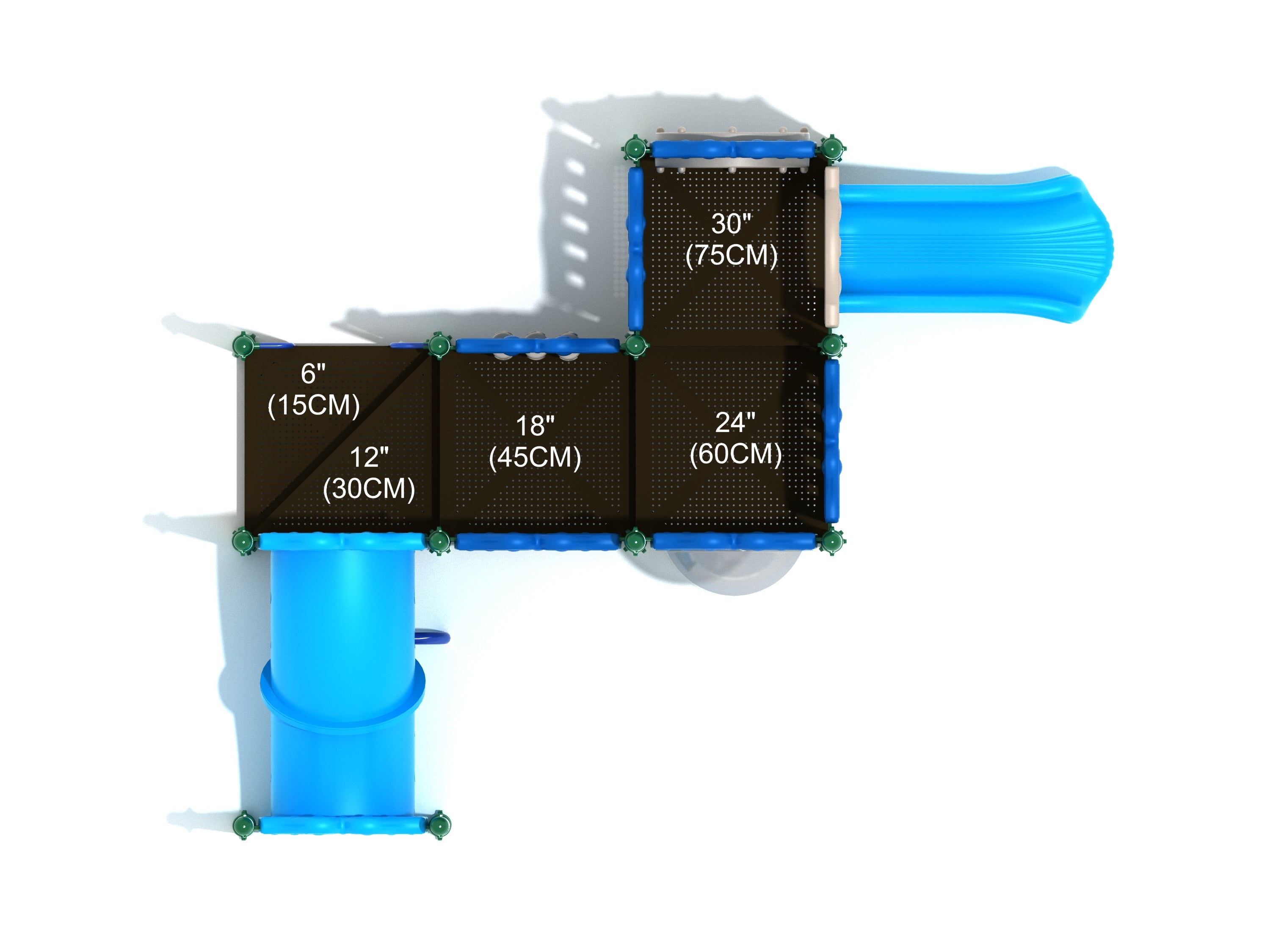 Overhead view of a blue and brown toddler playground structure with an inclined crawl tube, straight slide, and sensory play panels