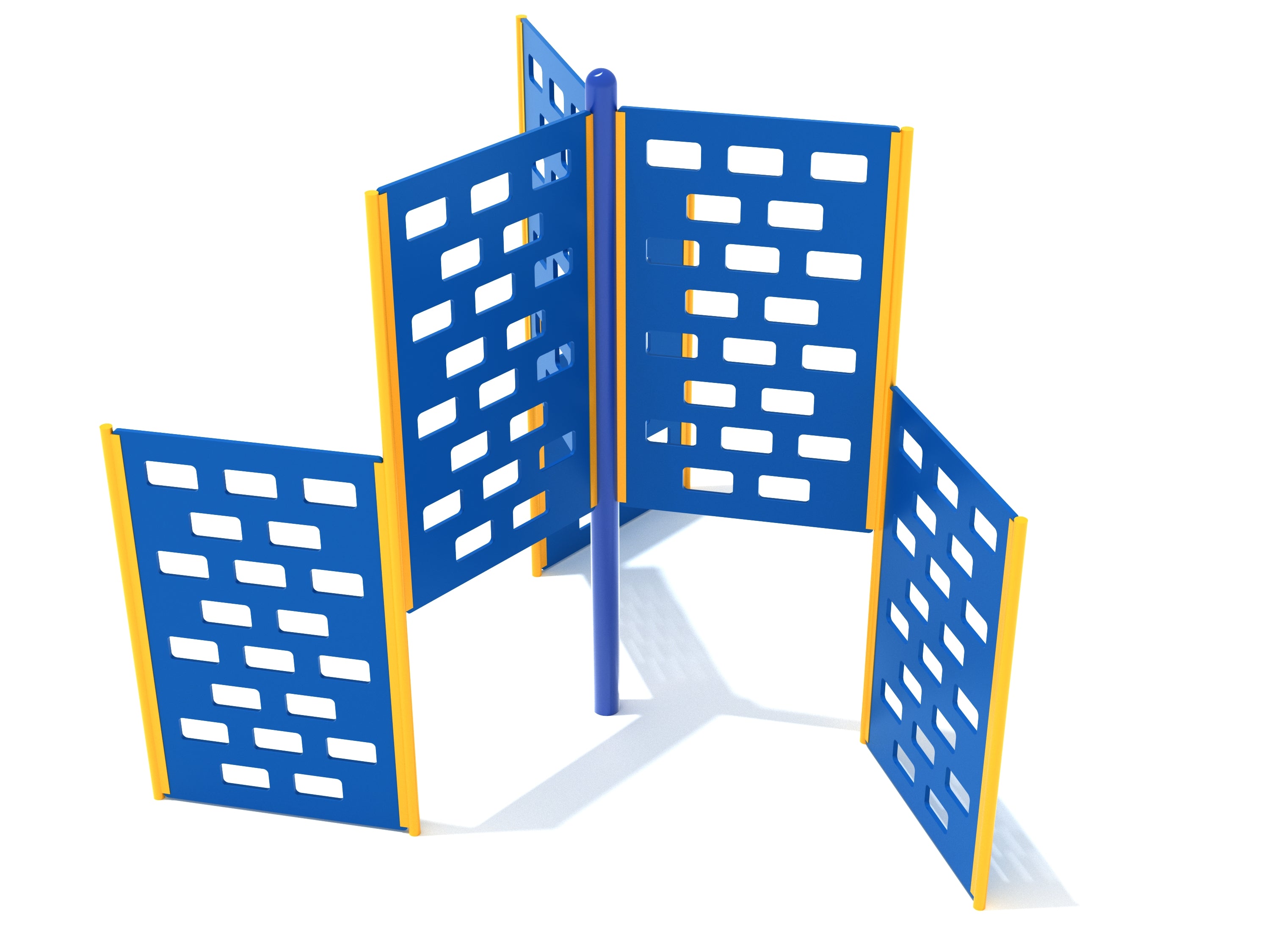 Six blue climbing panels with rectangular cutouts arranged around a central post, accented with yellow edges, freestanding playground climber