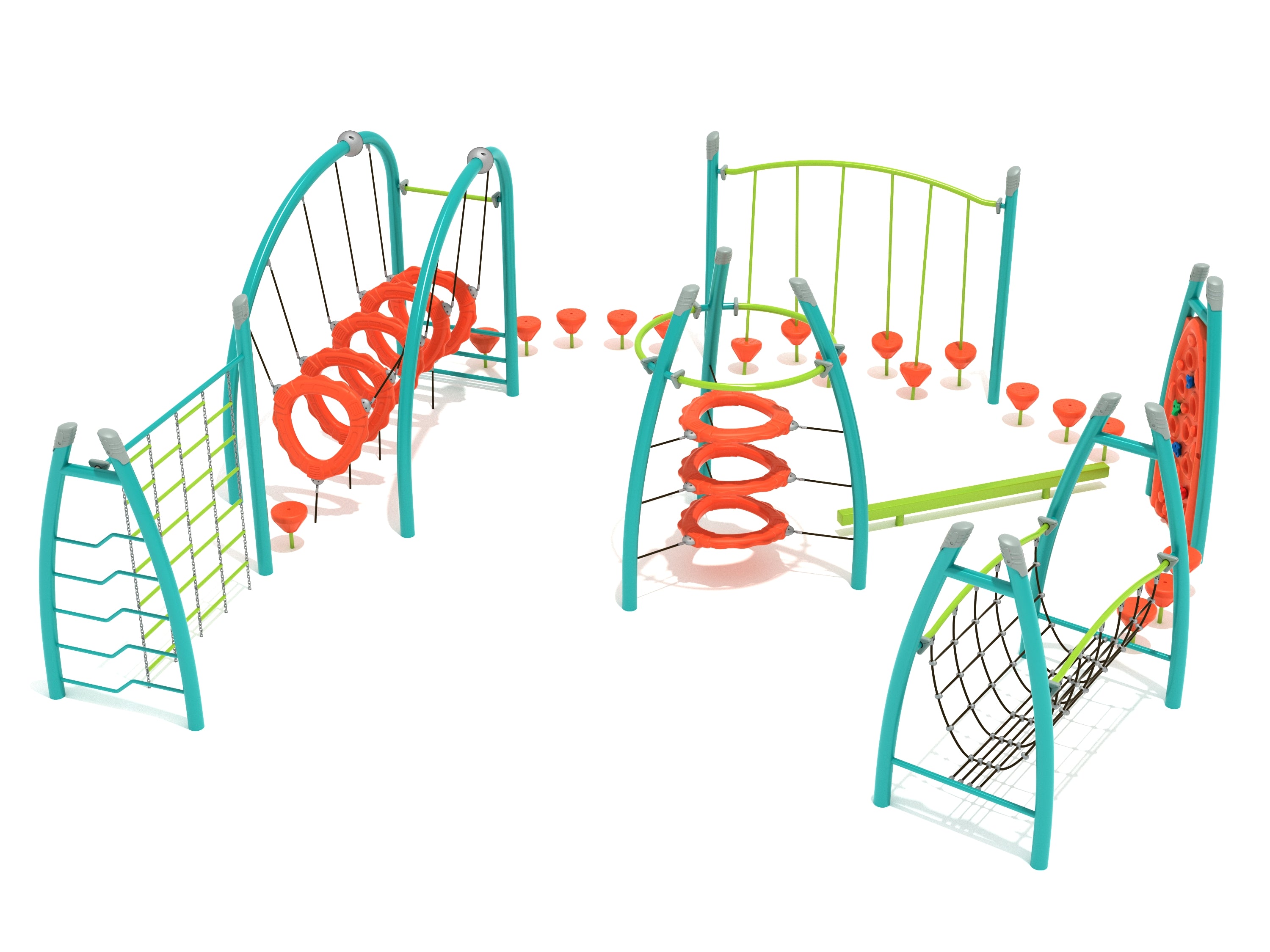 Newfane Village Fitness Course Playground with teal and lime climbing frames, orange stepping pods, and rope bridges for active play