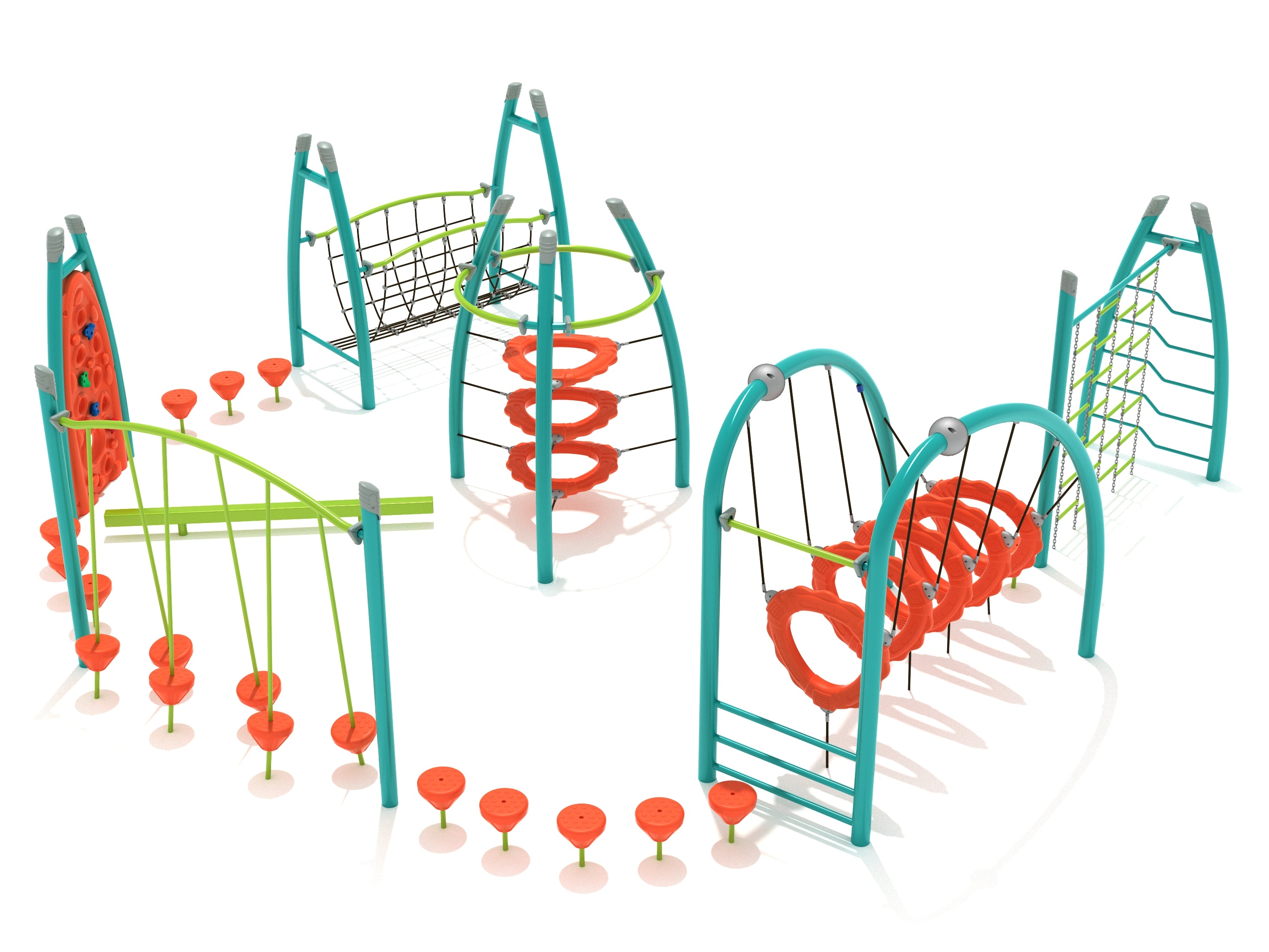 Colorful playground fitness course with climbing nets, rope bridges, stepping pods, and circular climbing rings in teal and orange