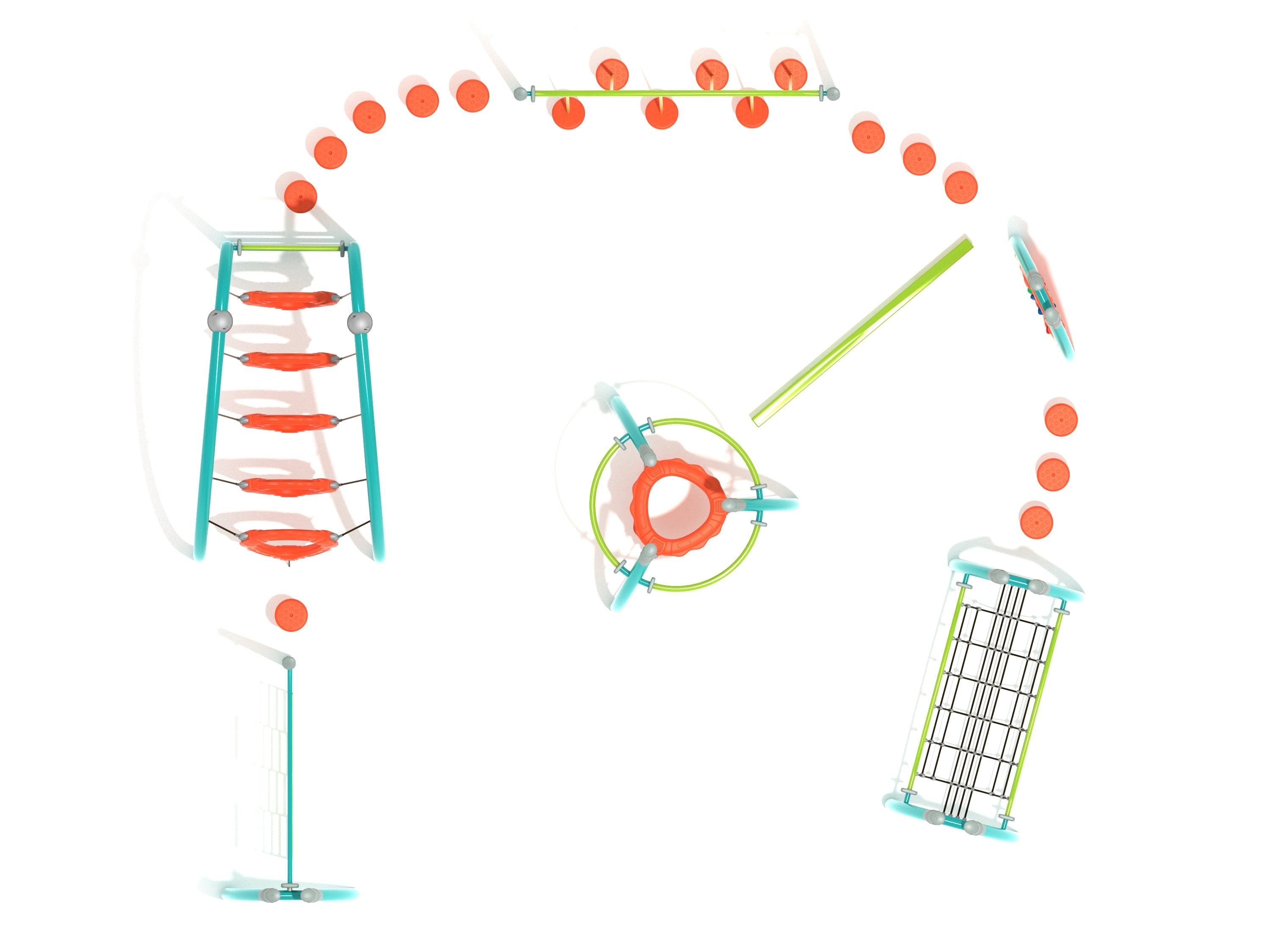 Overhead view of colorful circular playground fitness course with climbing nets, balance beams, and stepping pods
