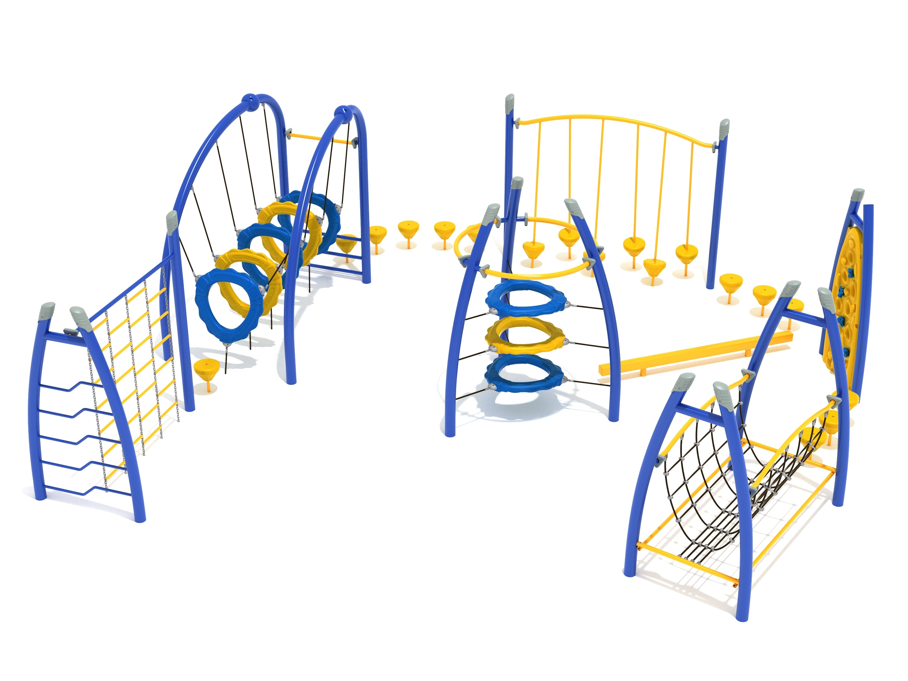 Colorful blue and yellow playground fitness course with climbing nets, rings, balance beams, and stepping pods for active play