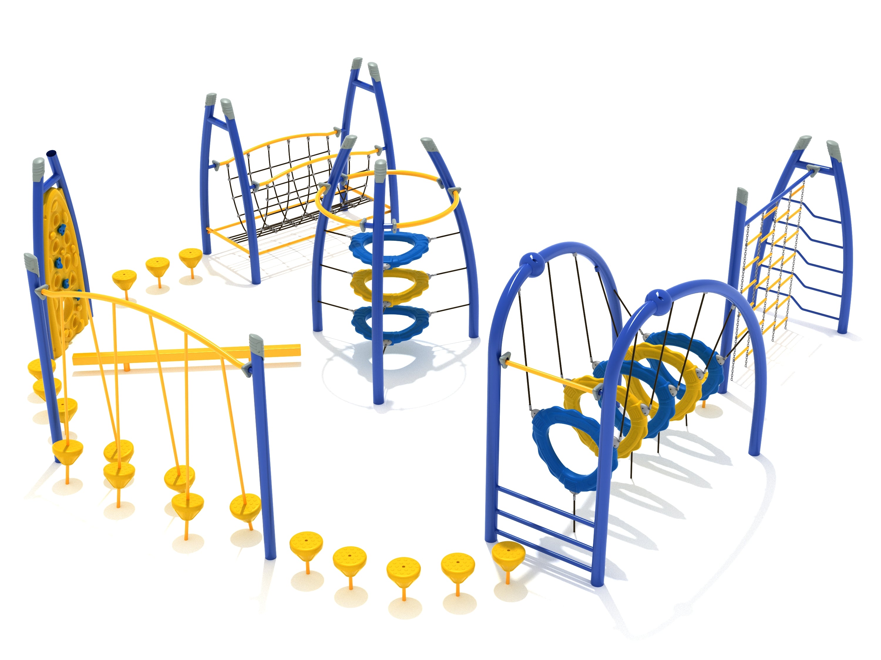 Colorful blue and yellow playground fitness course with climbing nets, stepping pods, and ring obstacles for active play