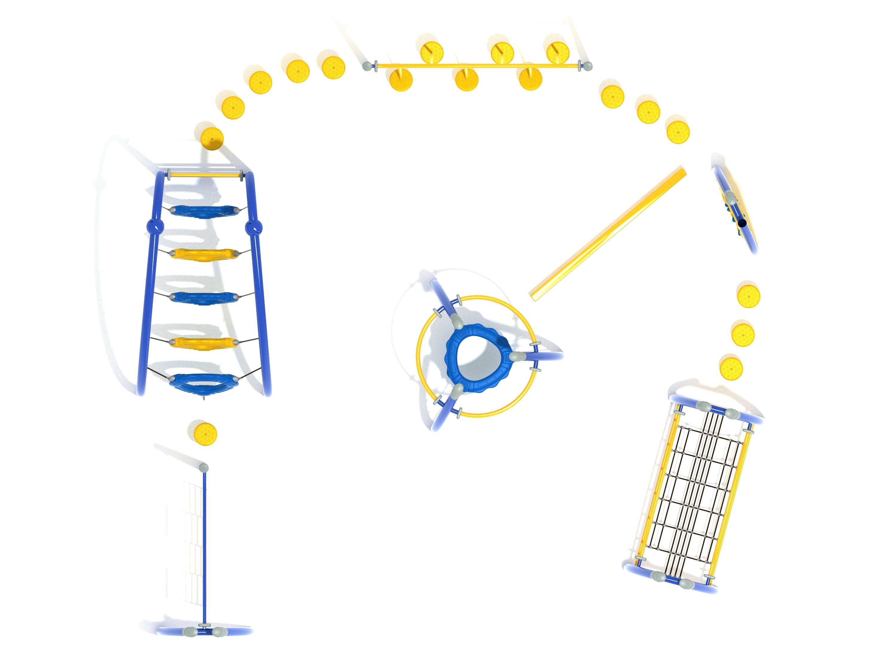Overhead view of colorful playground fitness course with climbing nets, balance beams, stepping pods in blue and yellow