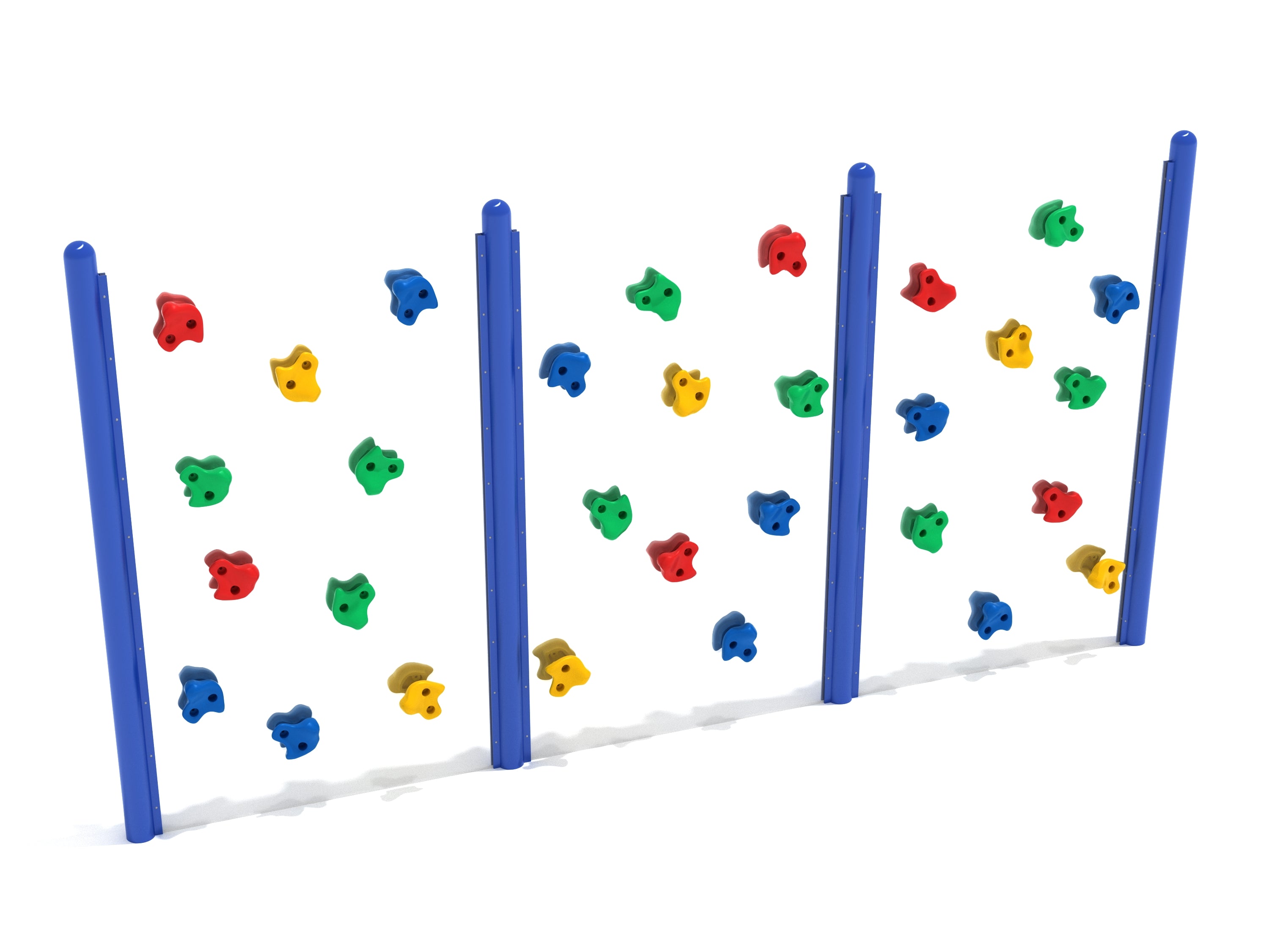 Three-panel outdoor climbing wall with colorful red, yellow, green, and blue rock holds and blue support posts