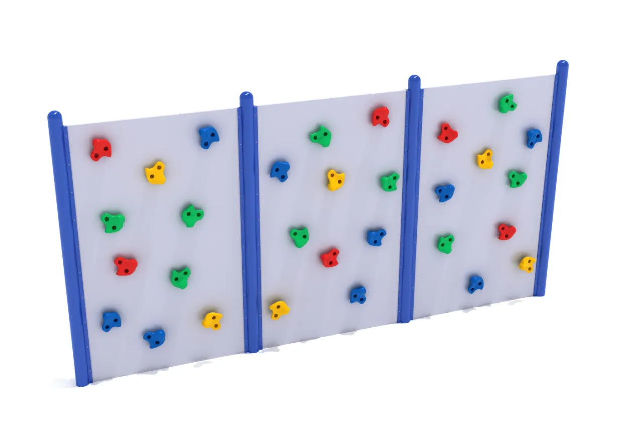 3 Panel Standard Rock Climber with vibrant red, green, blue, and yellow footholds on white panels and blue posts, double-sided climbing play structure