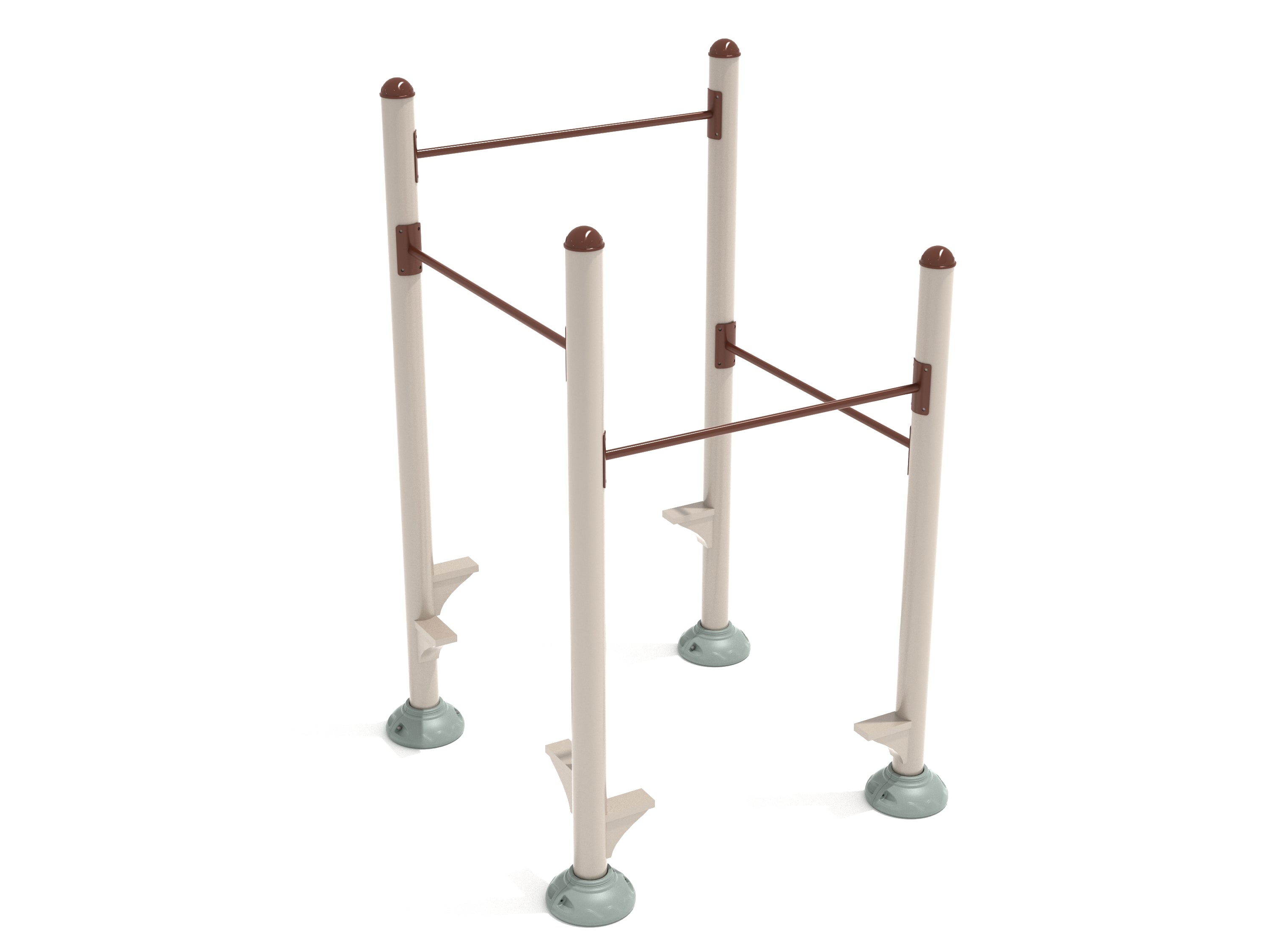 Outdoor fitness station with four inclined chin-up bars at varying heights and steel footholds on beige posts