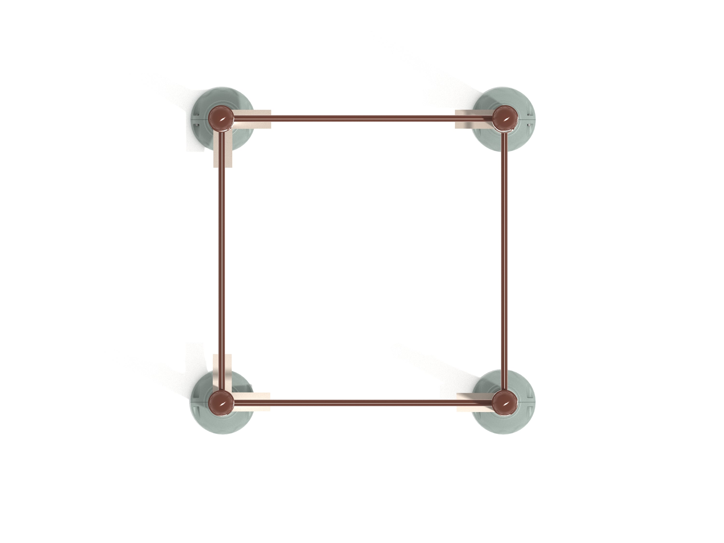 Overhead view of outdoor fitness station with four inclined galvanized steel chin-up bars and round bases.