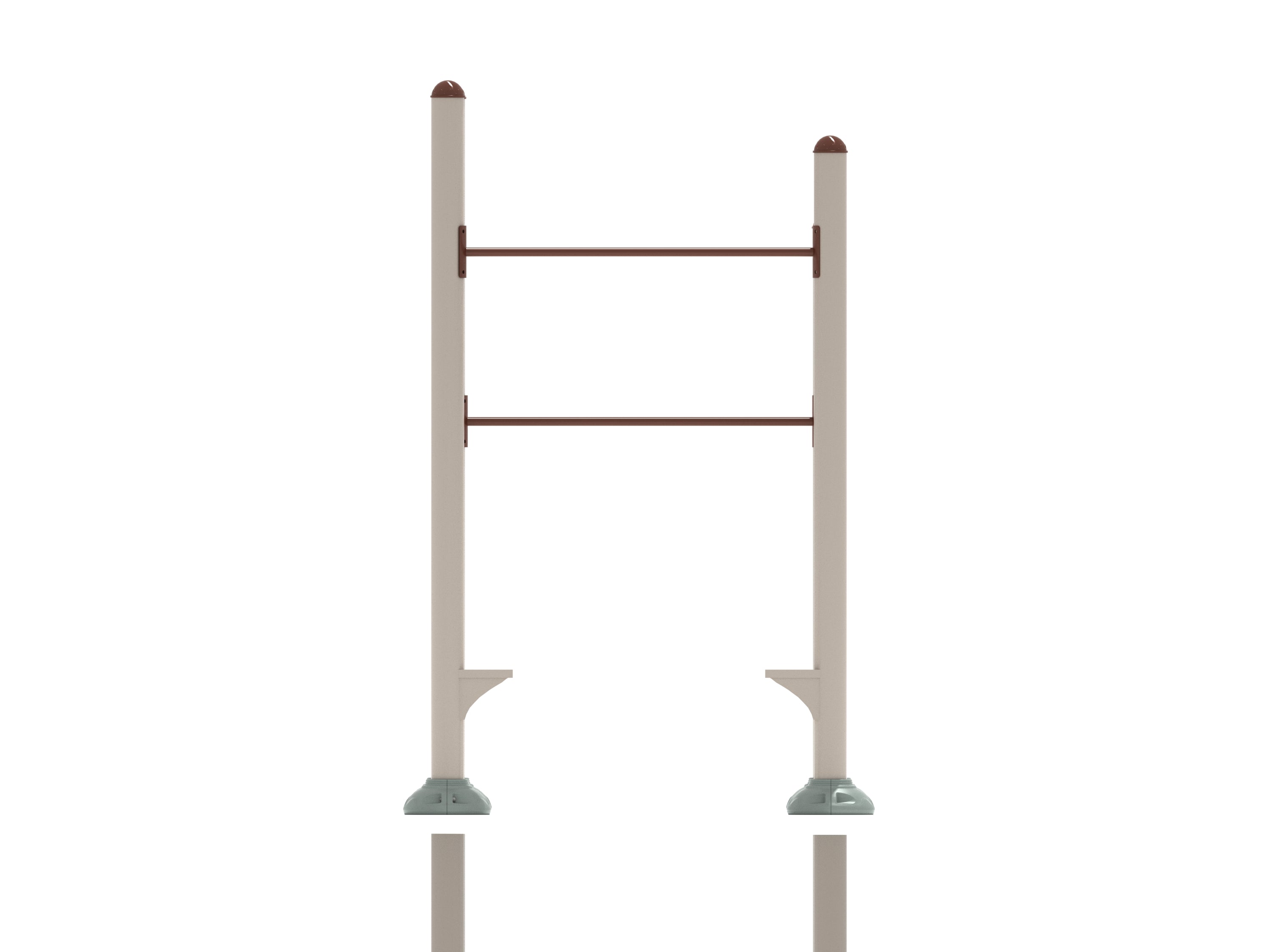 Outdoor fitness station with four inclined chin-up bars, vertical posts, and steel footholds in brown and beige.
