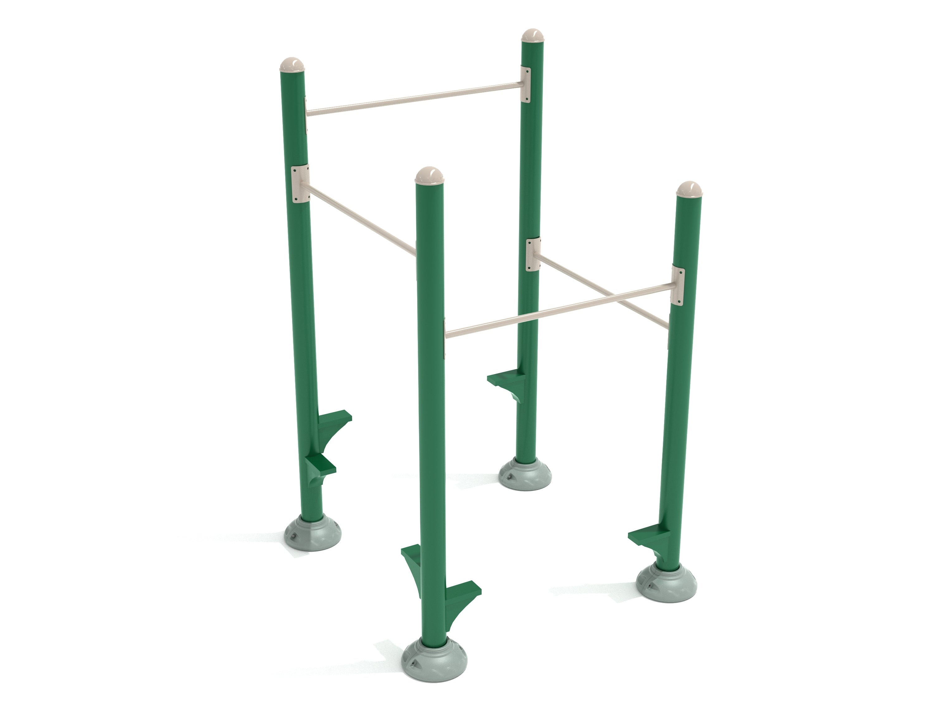 Inclined Quadruple Station Chin Up Bars with four green vertical posts, white horizontal bars, and steel footholds for outdoor fitness and upper body strength training