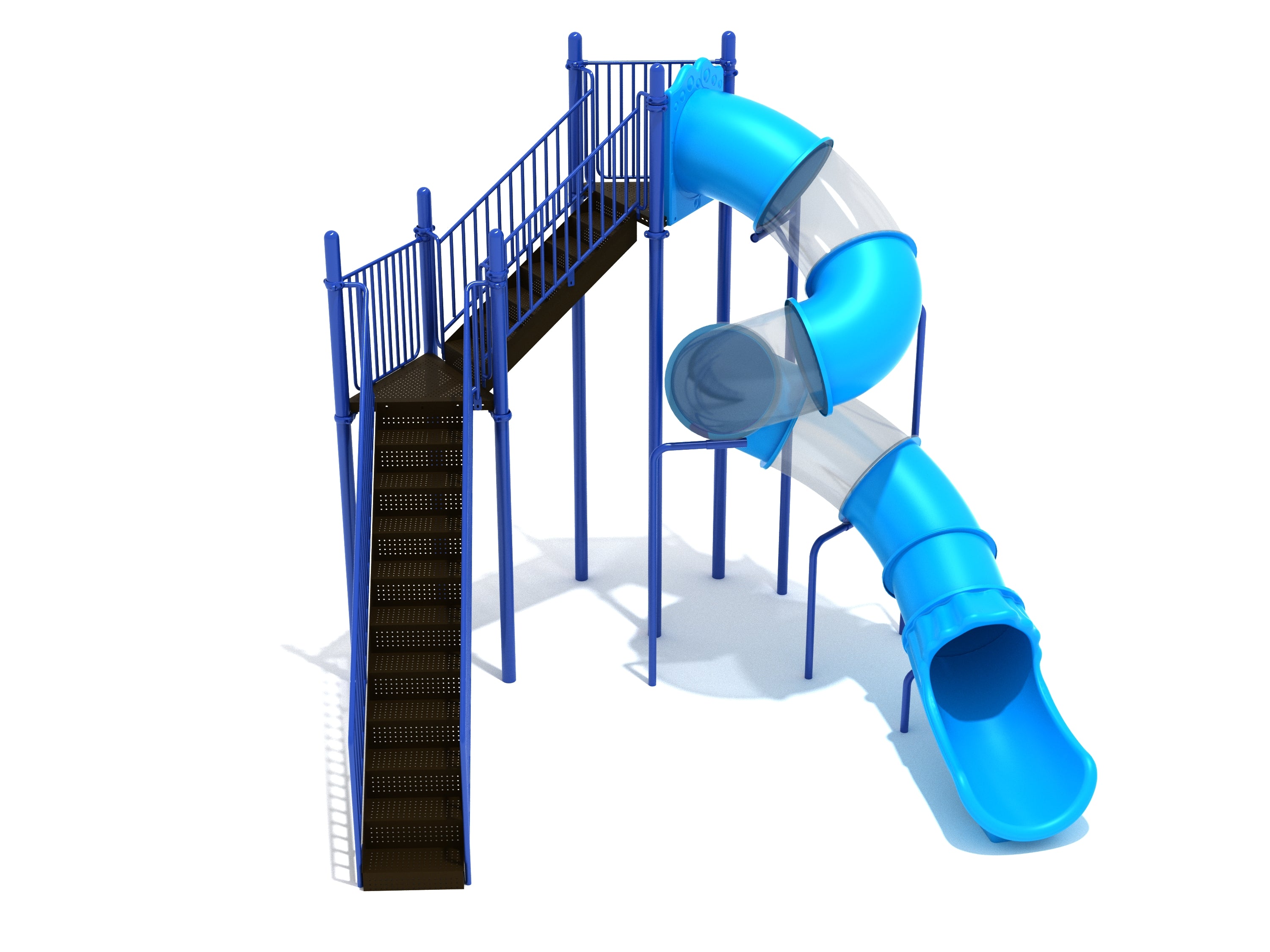12 Foot Freestanding Spiral Tube Slide with blue posts, wide staircase, and clear enclosed spiral chute for playgrounds