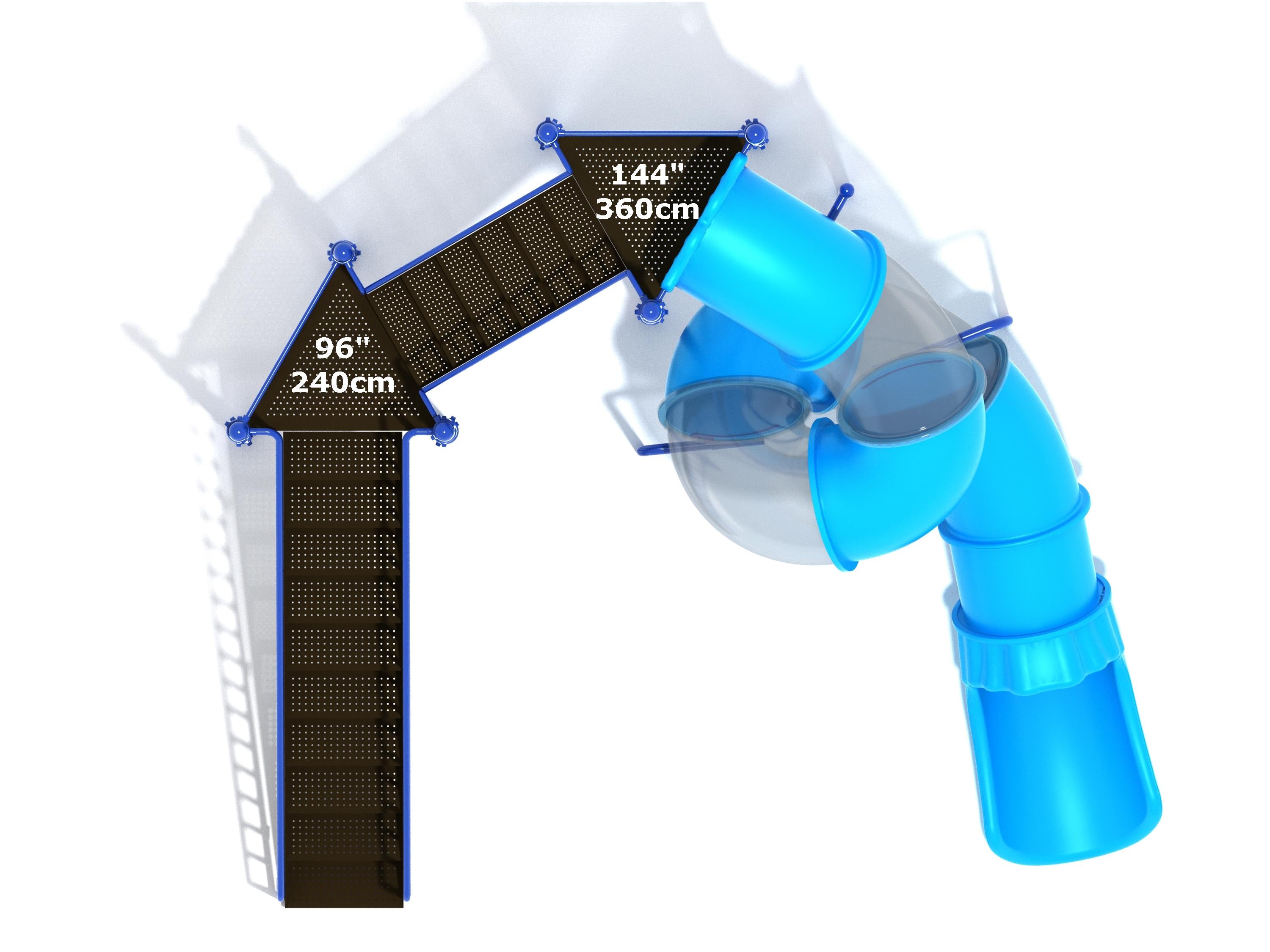 Top-down view of blue freestanding spiral tube slide with clear window panels and elevated platform with stairs