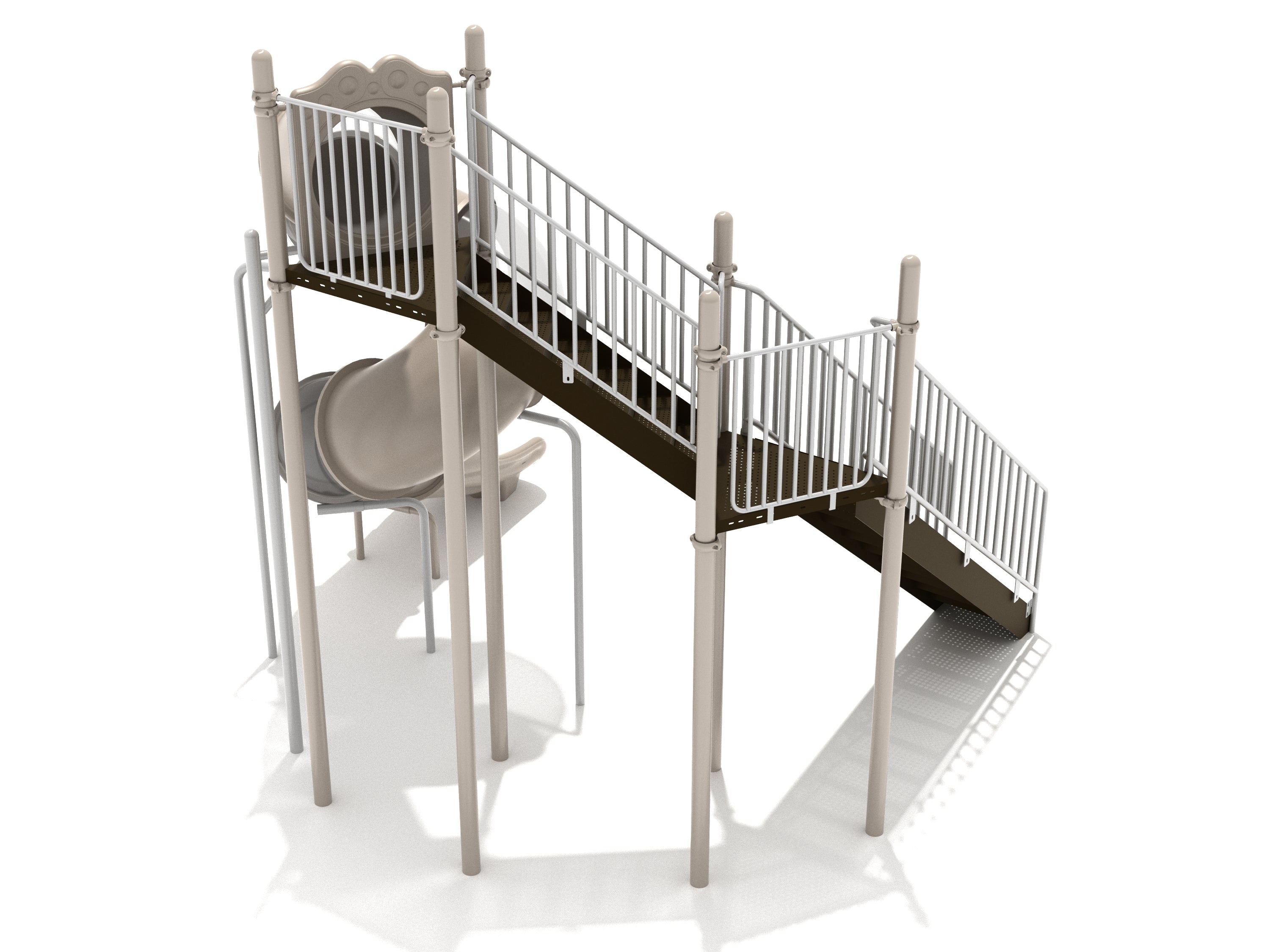 Tan freestanding spiral tube playground slide with gated stairs, tall guardrails, and clear window sections on the chute