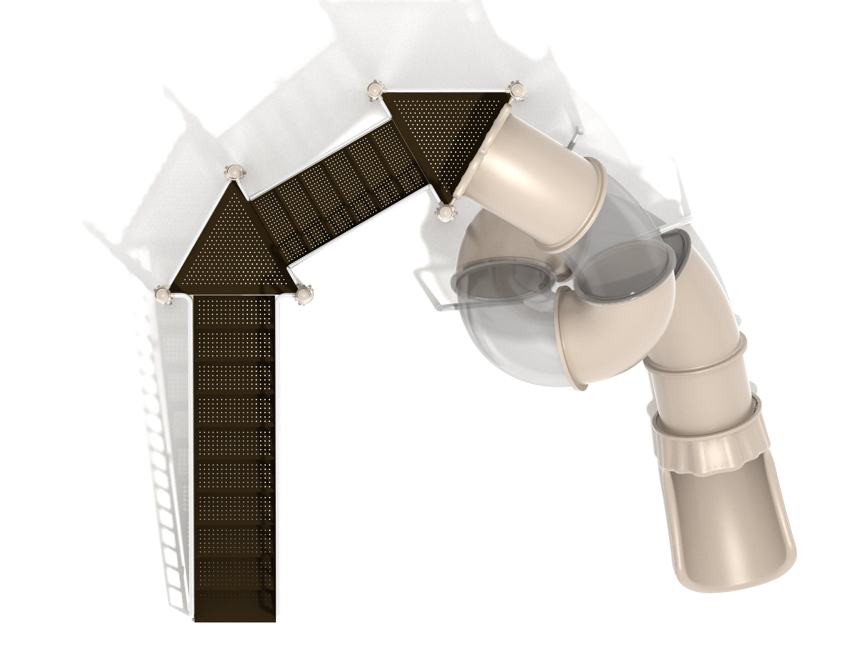 Top-down view of tan freestanding spiral tube playground slide with clear window panels and wide stairs