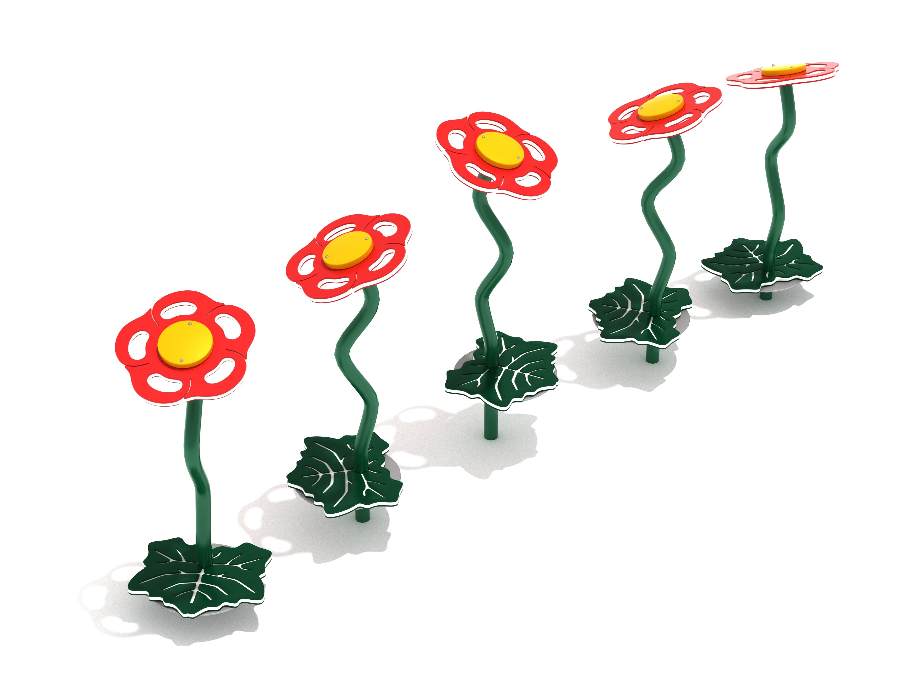 Flower Stepping Path with five red flower-shaped balance beams on green stems and leaf bases for playground coordination and balance development