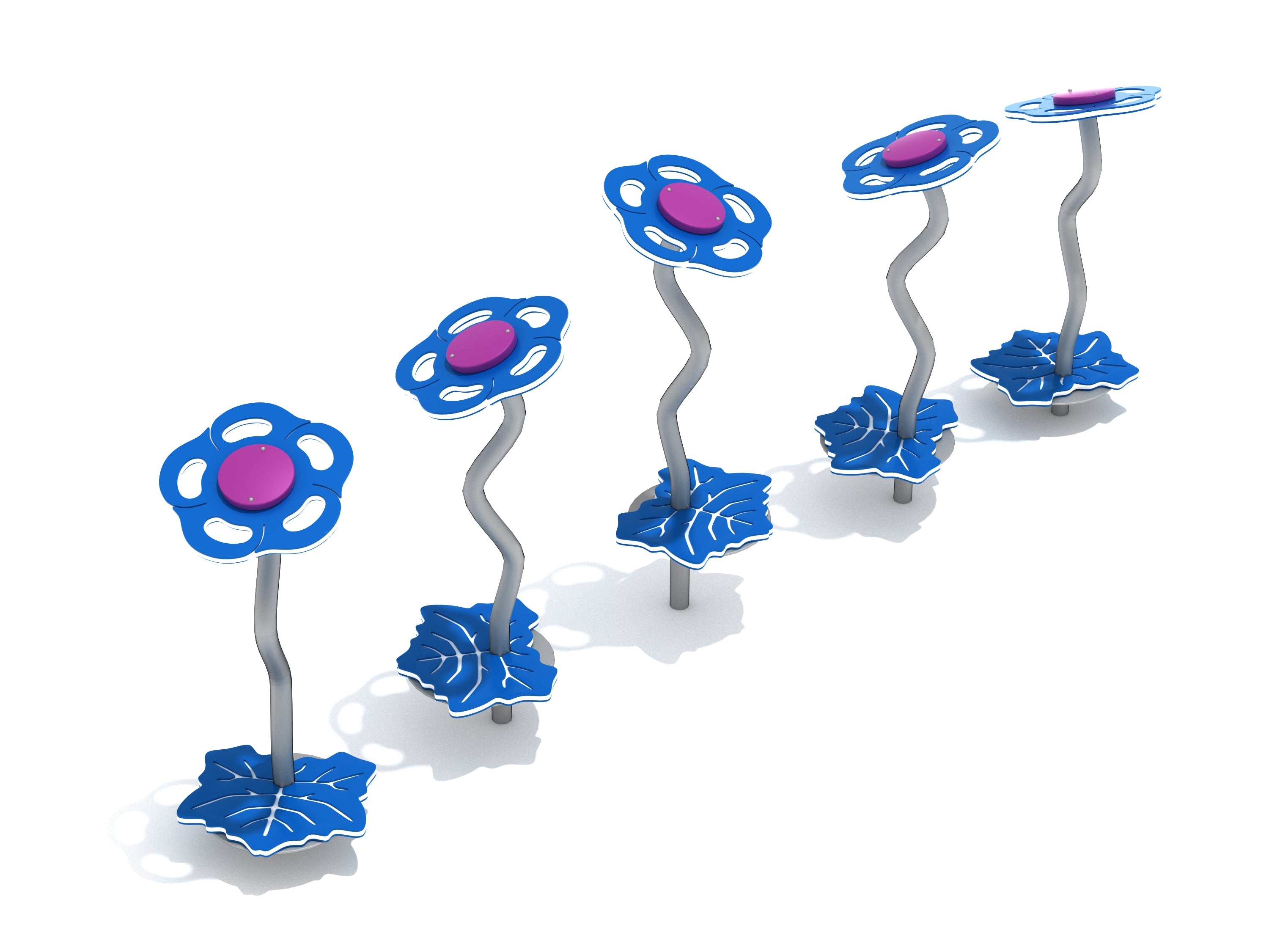 Five blue flower-shaped stepping platforms with purple centers and wavy gray stems arranged in a line for balance play