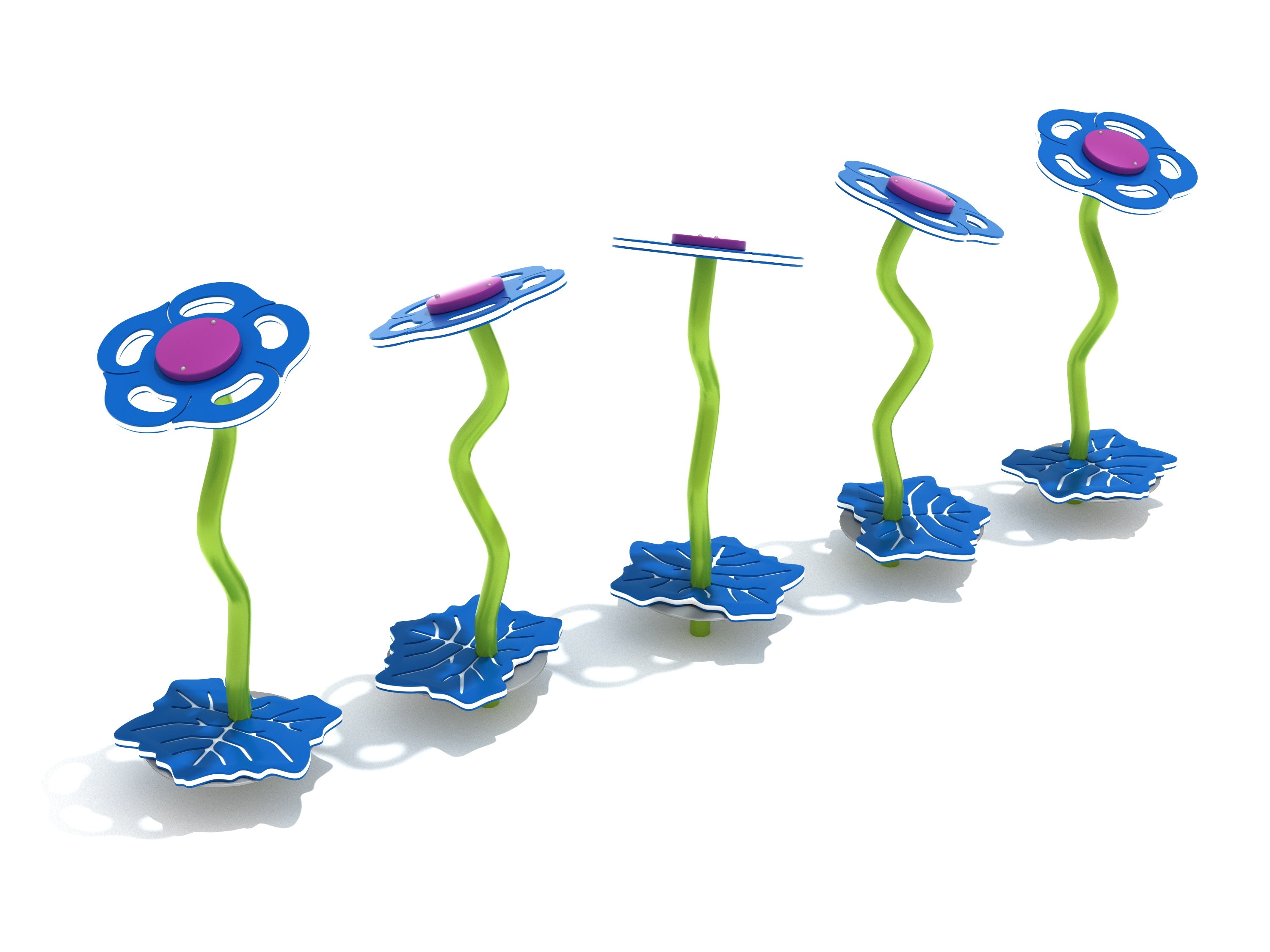 Five blue flower-shaped balance steppers with green wavy stems and textured purple centers arranged in a line for playground use