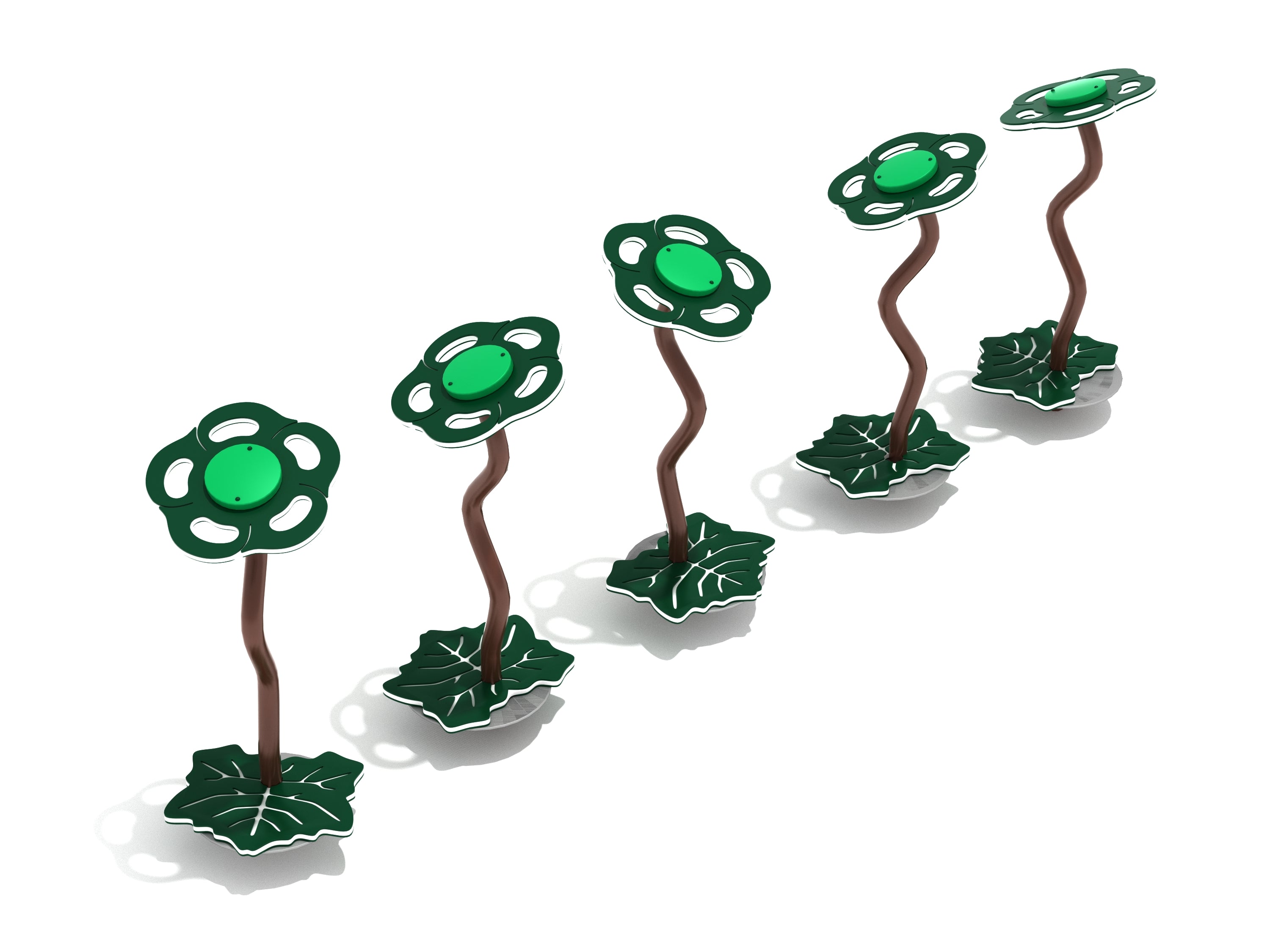 Five green flower-shaped textured stepping platforms on brown stems arranged in a line for balance play