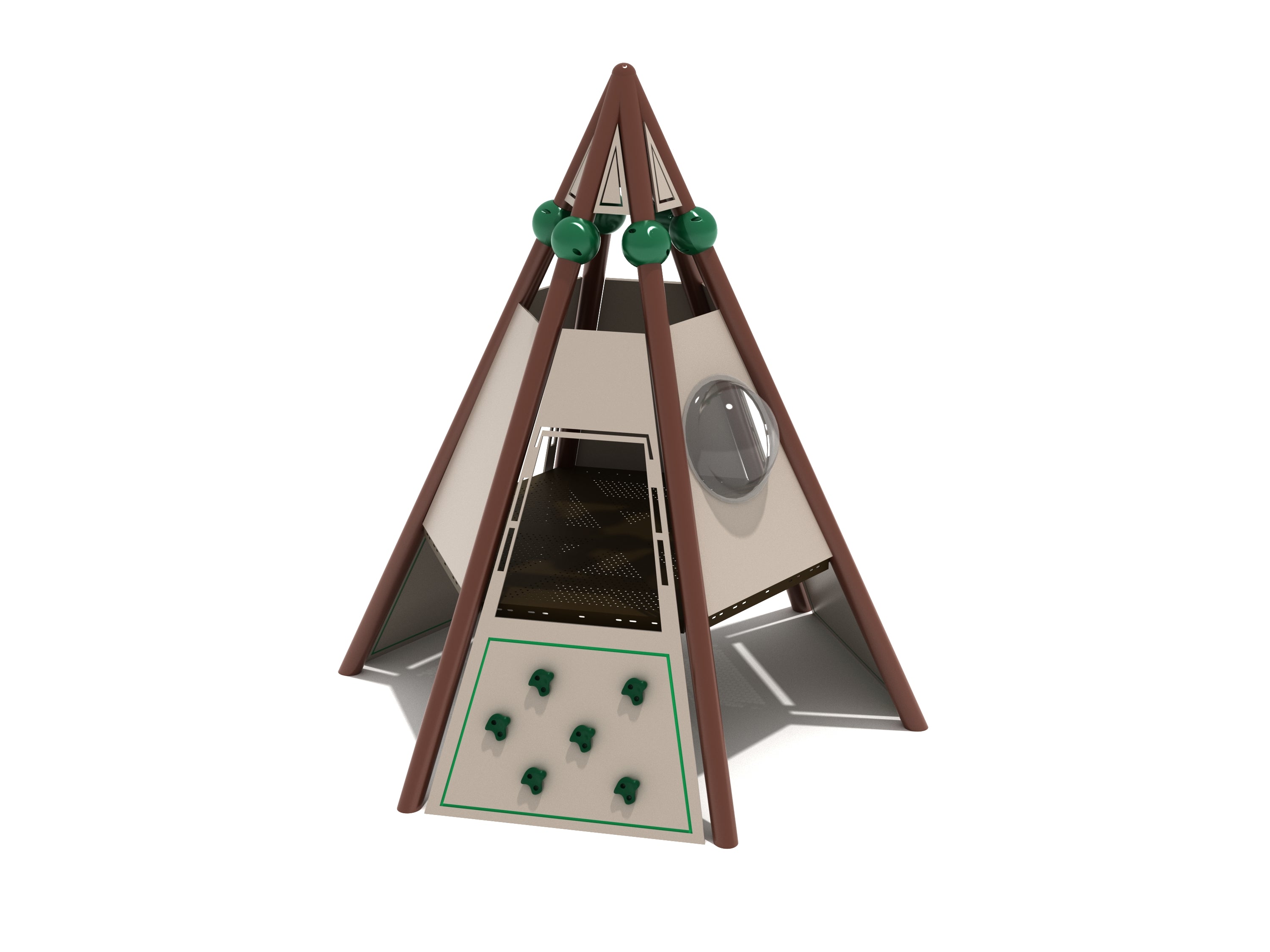 Teepee Hideout climbing equipment with brown frame, beige panels, bubble window, and green climbing holds for active playground play