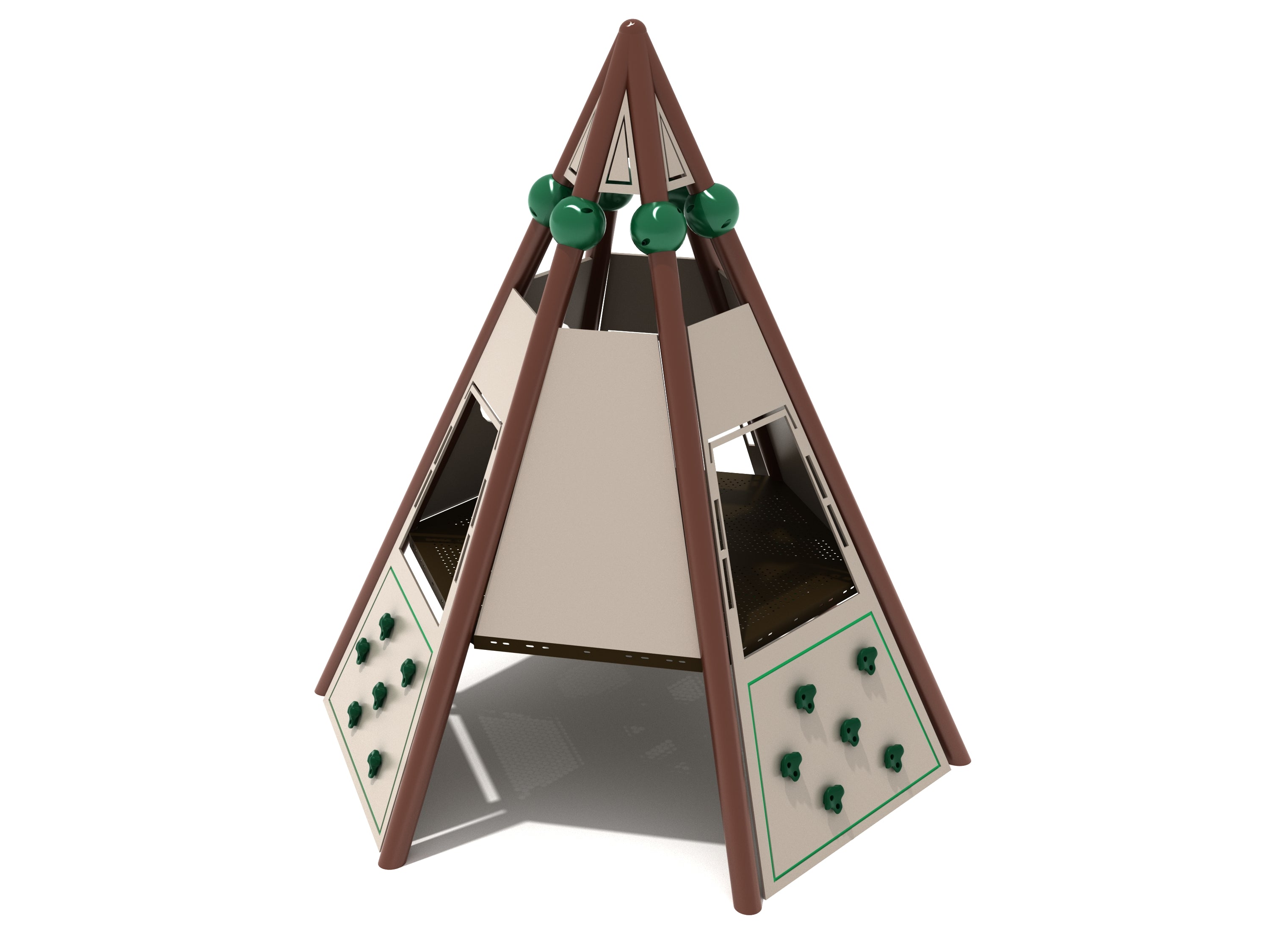 Cone-shaped playground climber with brown frame, beige climbing panels, green holds, and open bubble windows.