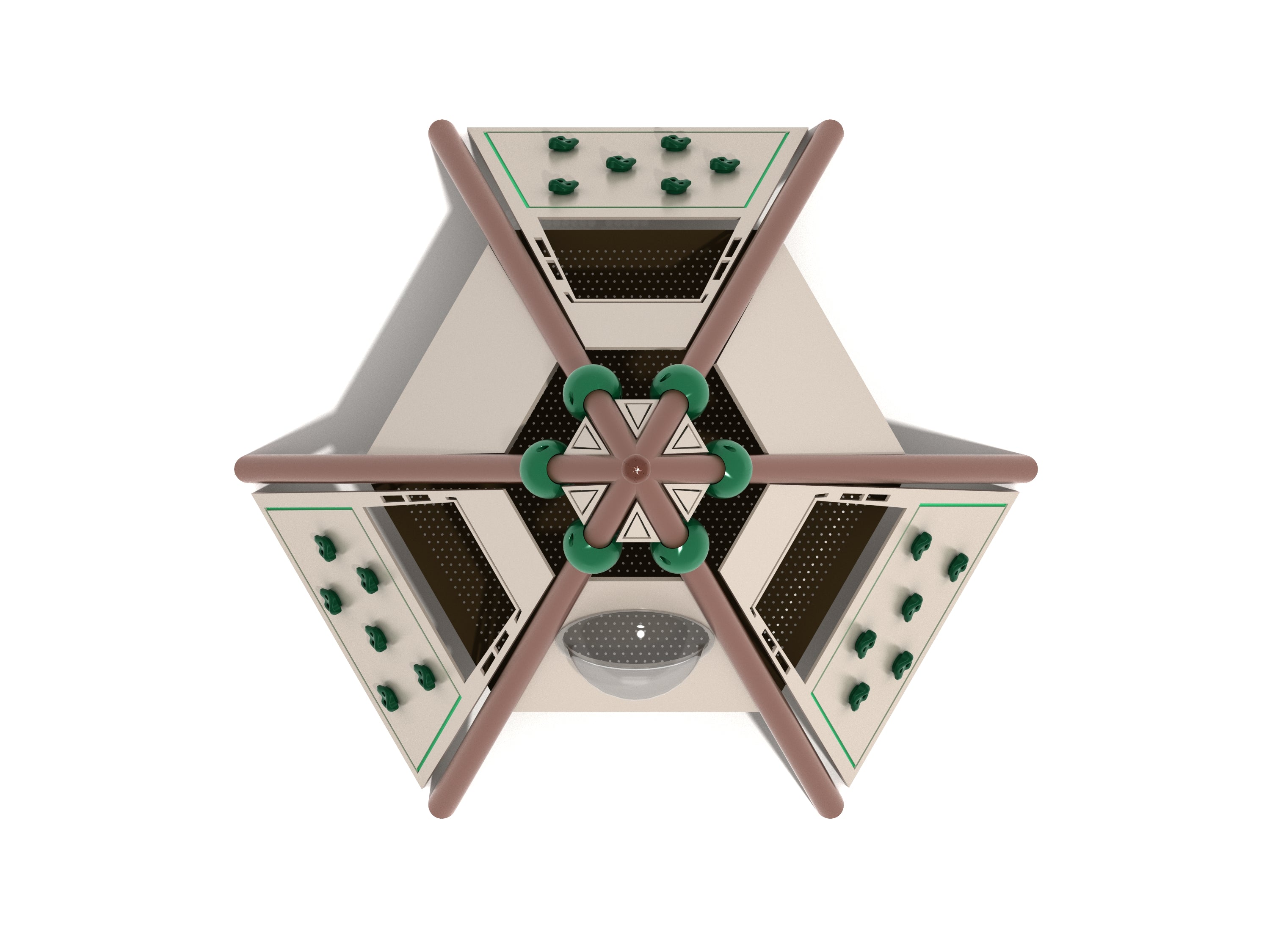 Overhead view of a teepee-shaped playground climber with climbing panels, lookout openings, and a bubble window